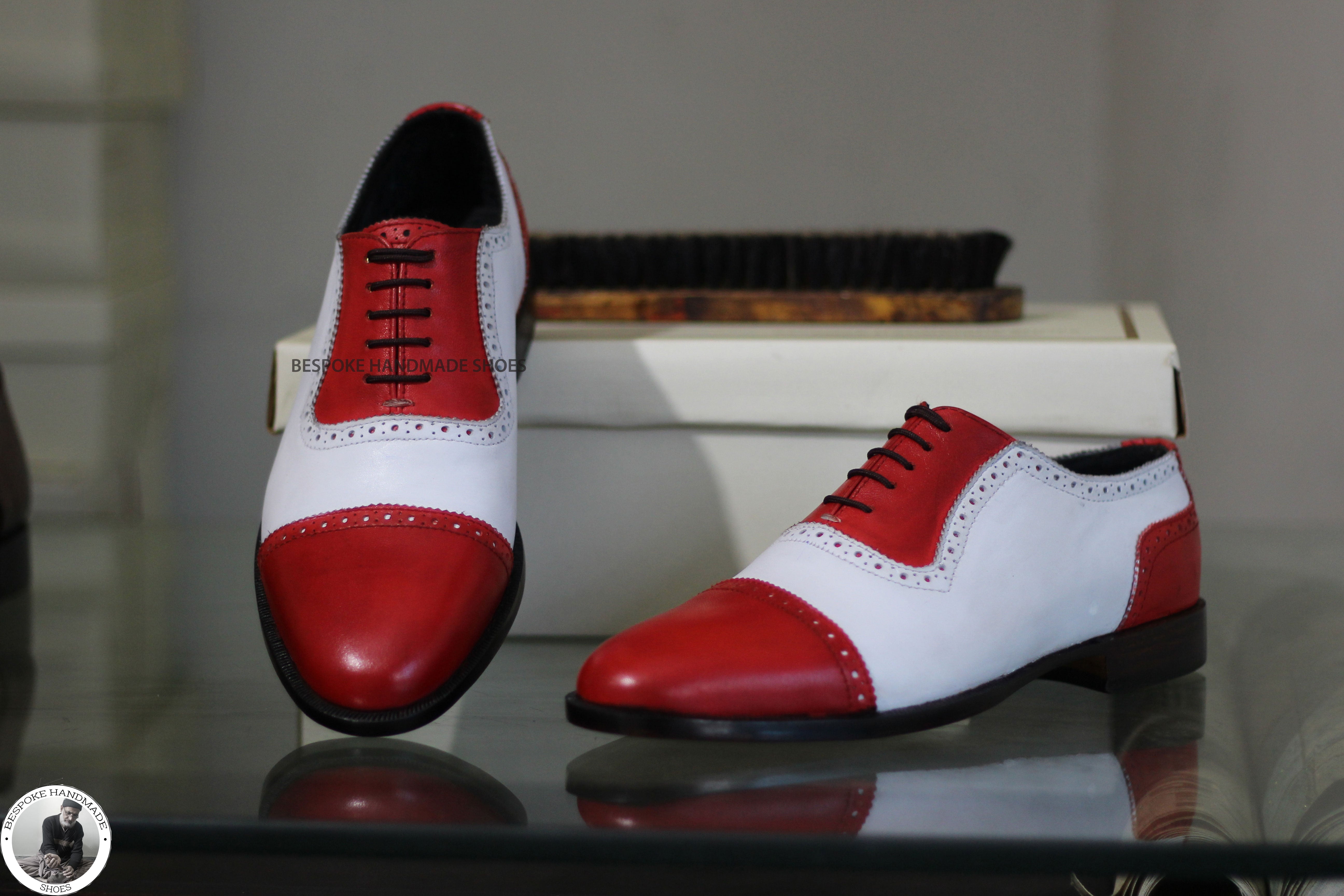 New Men's Handmade White & Red Color Leather Toe Cap Oxford Lace Up Designer Shoes For Men's