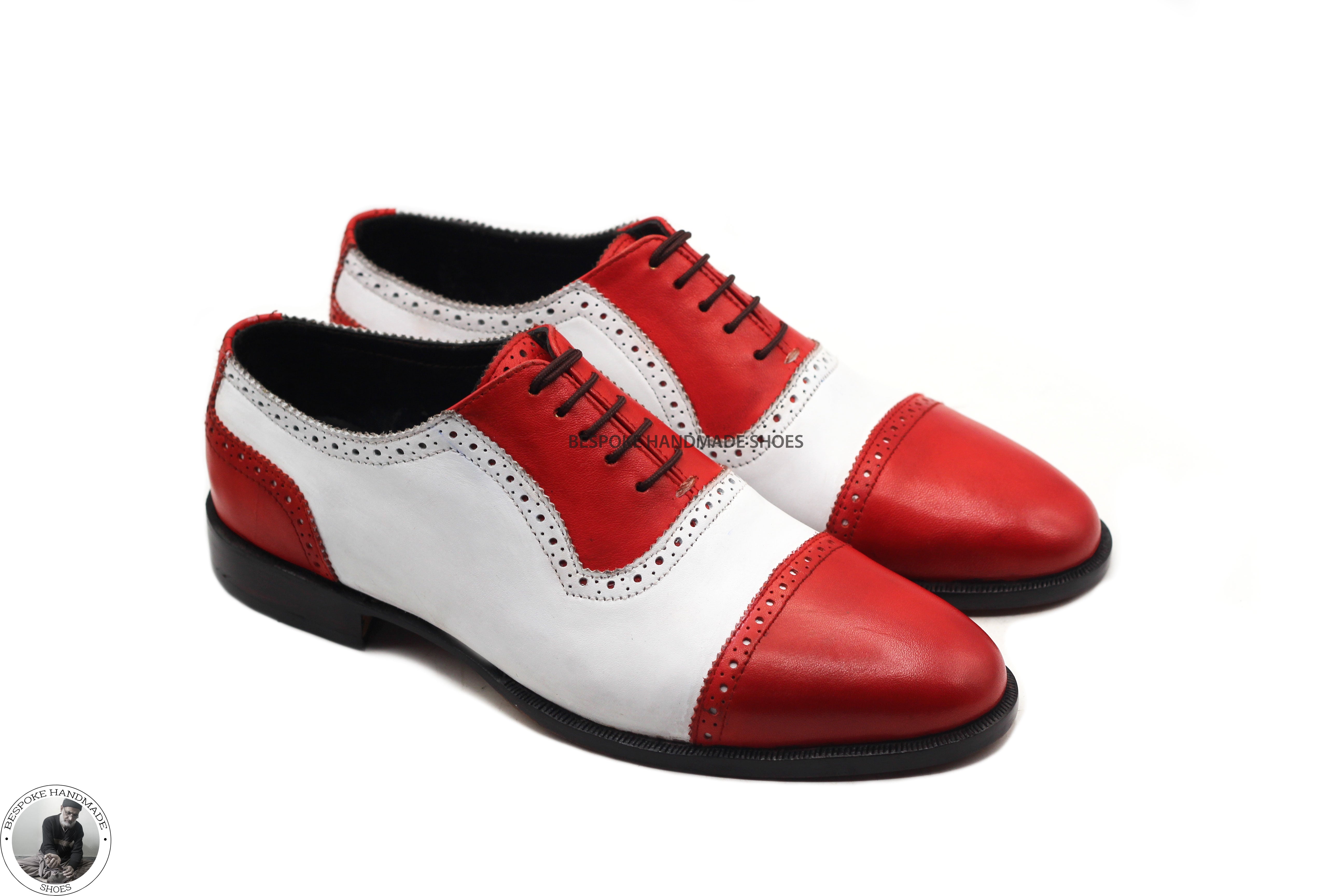 New Men's Handmade White & Red Color Leather Toe Cap Oxford Lace Up Designer Shoes For Men's