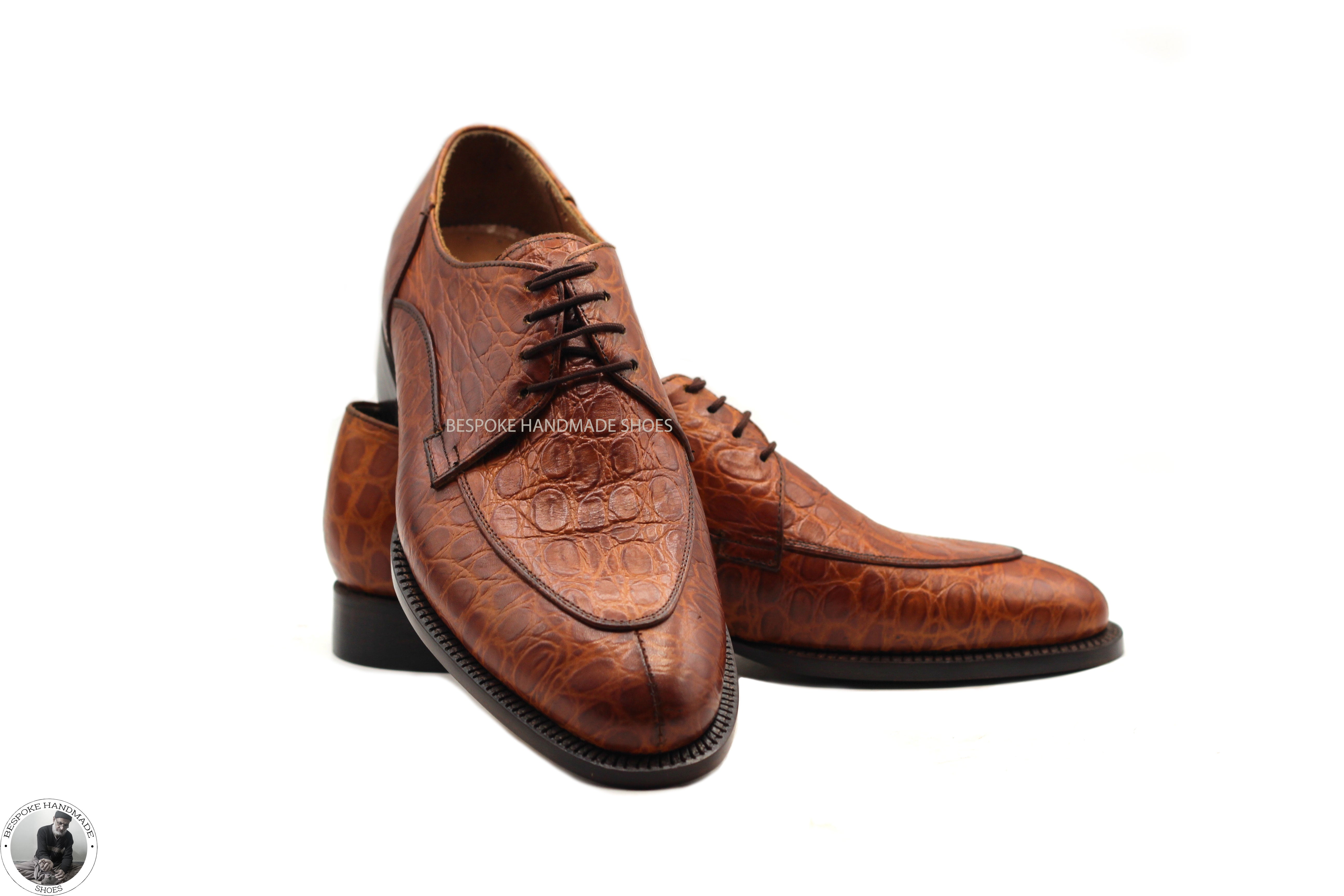 Handcrafted Pure Calf Brown Alligator Leather Oxford Derby Fashion Shoes For Men's