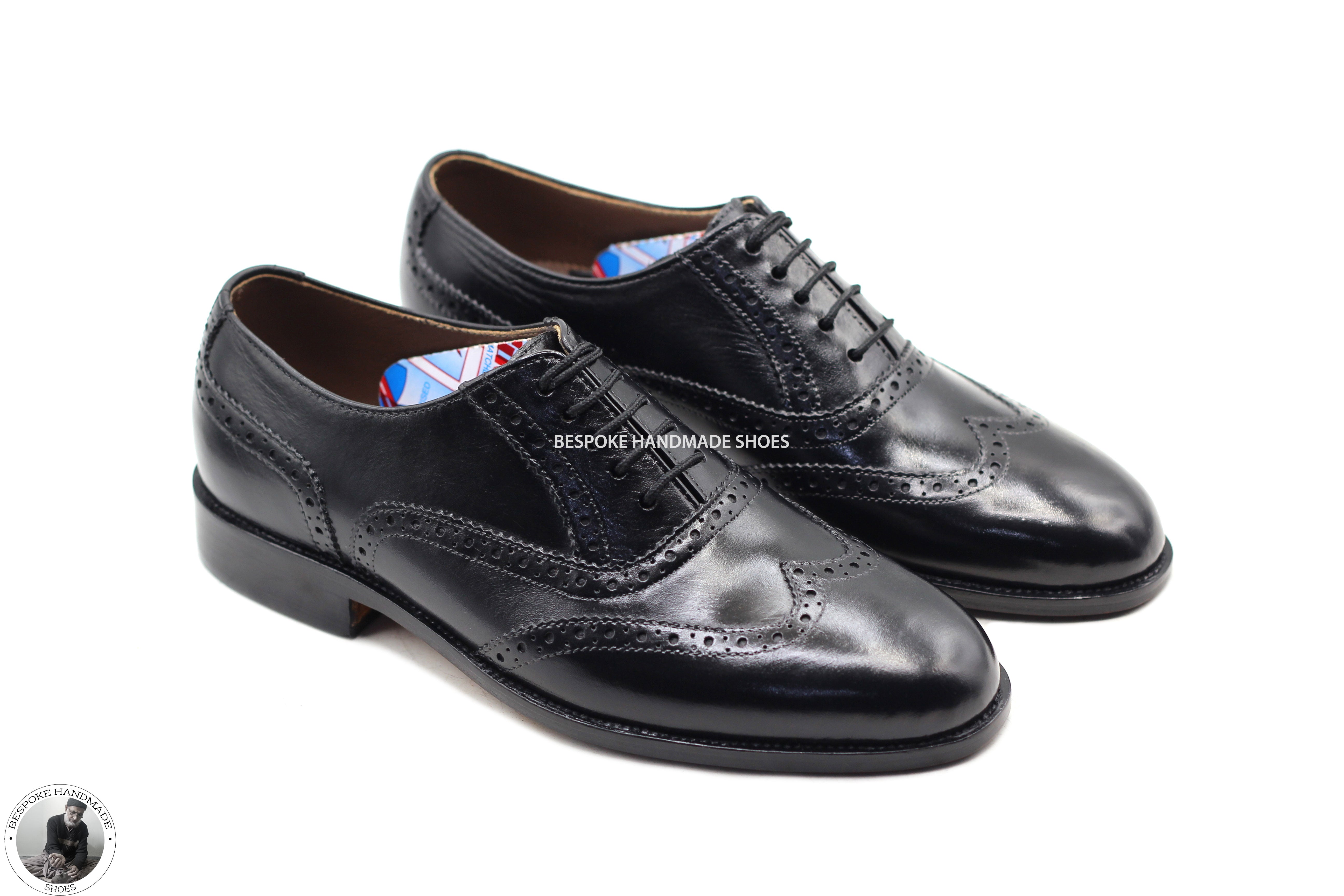 Premium Quality Handmade Genuine Black Leather Oxford Wingtip Brogue Lace Up Dress Shoes For Men