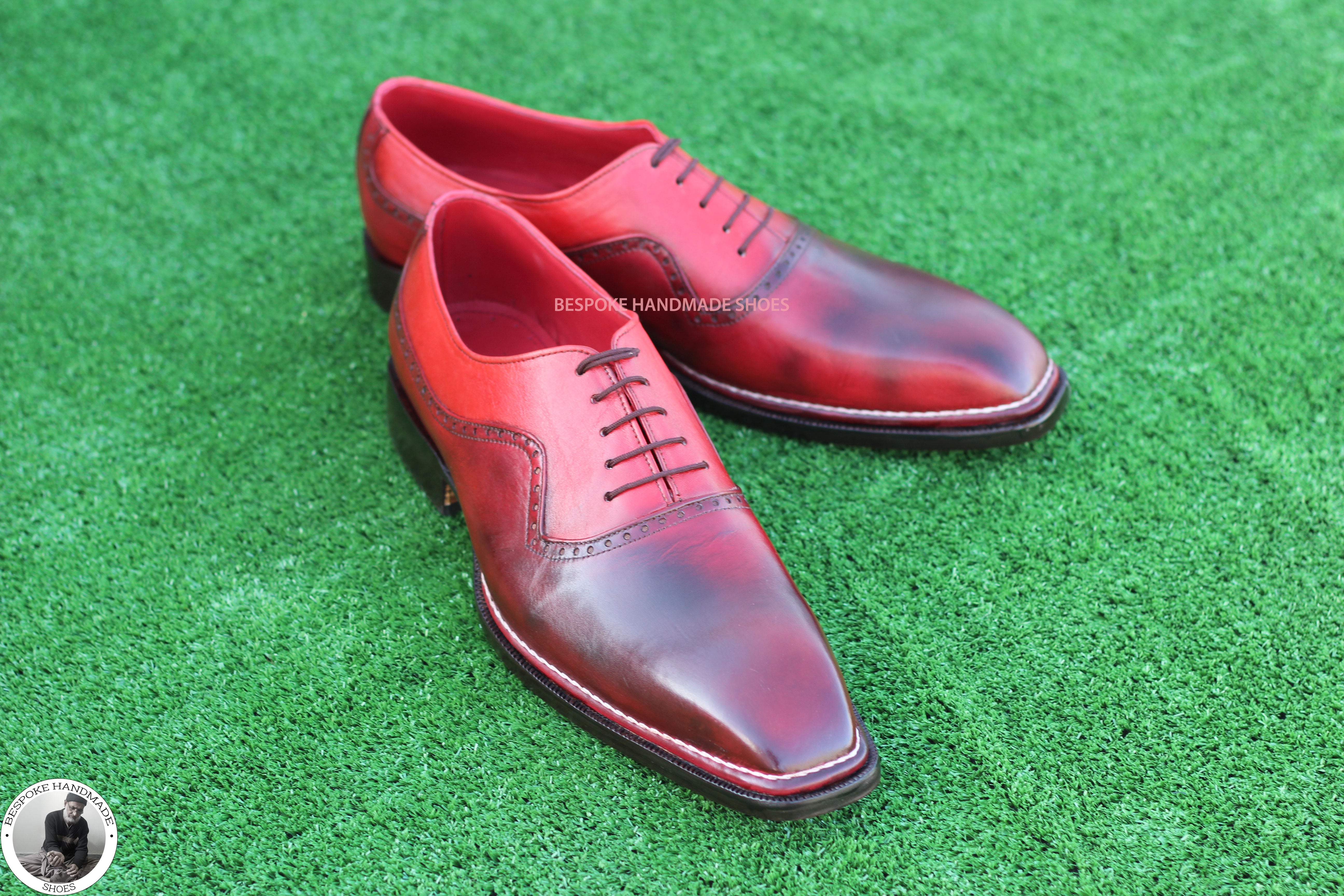 Bespoke Handmade Men's Maroon Leather Oxford Whole Cut Lace up White Stitching Dress Casual Shoes