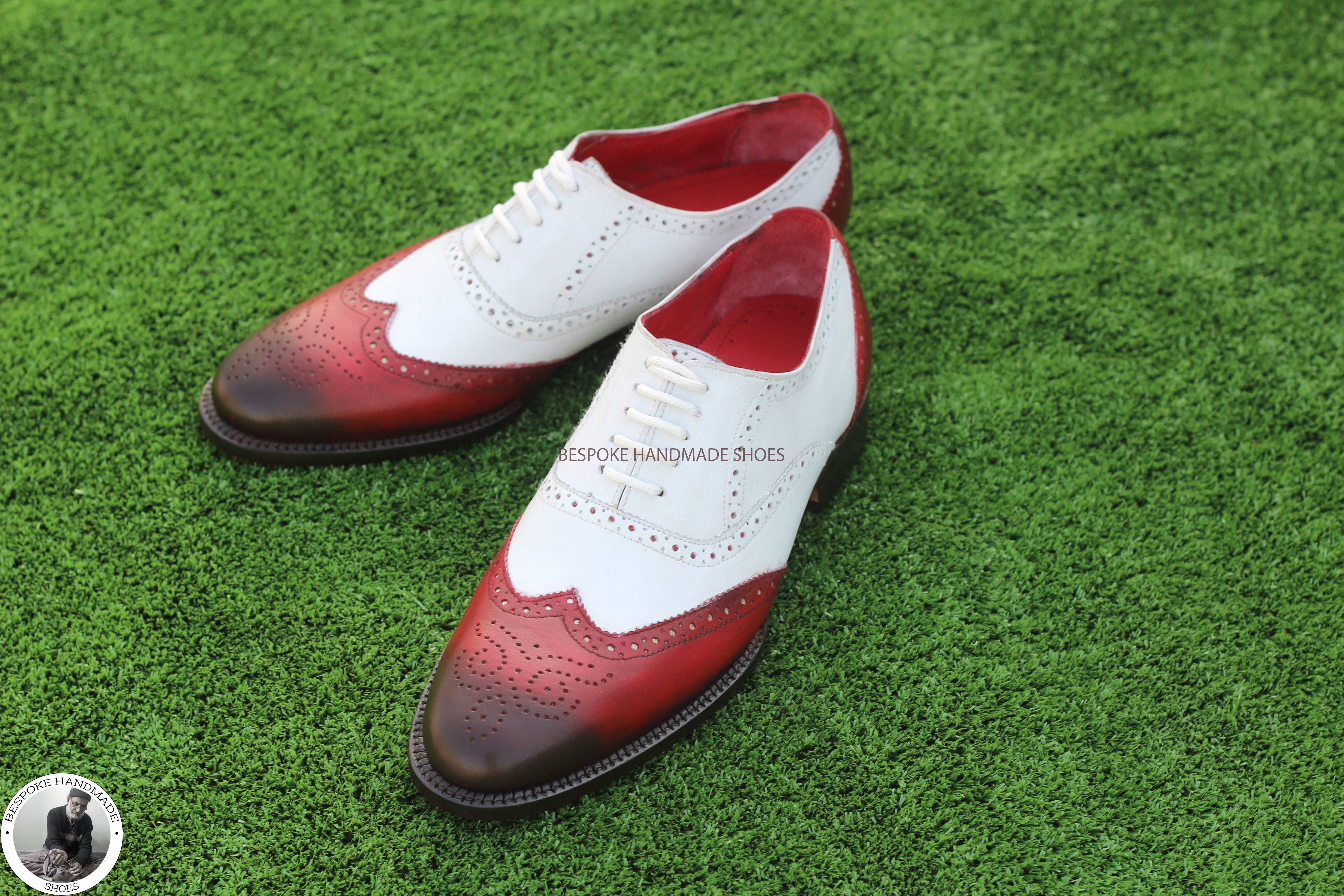 Bespoke Handmade White & Red Leather Black Shaded Oxford Wingtip Brogue Lace up Men's Shoes