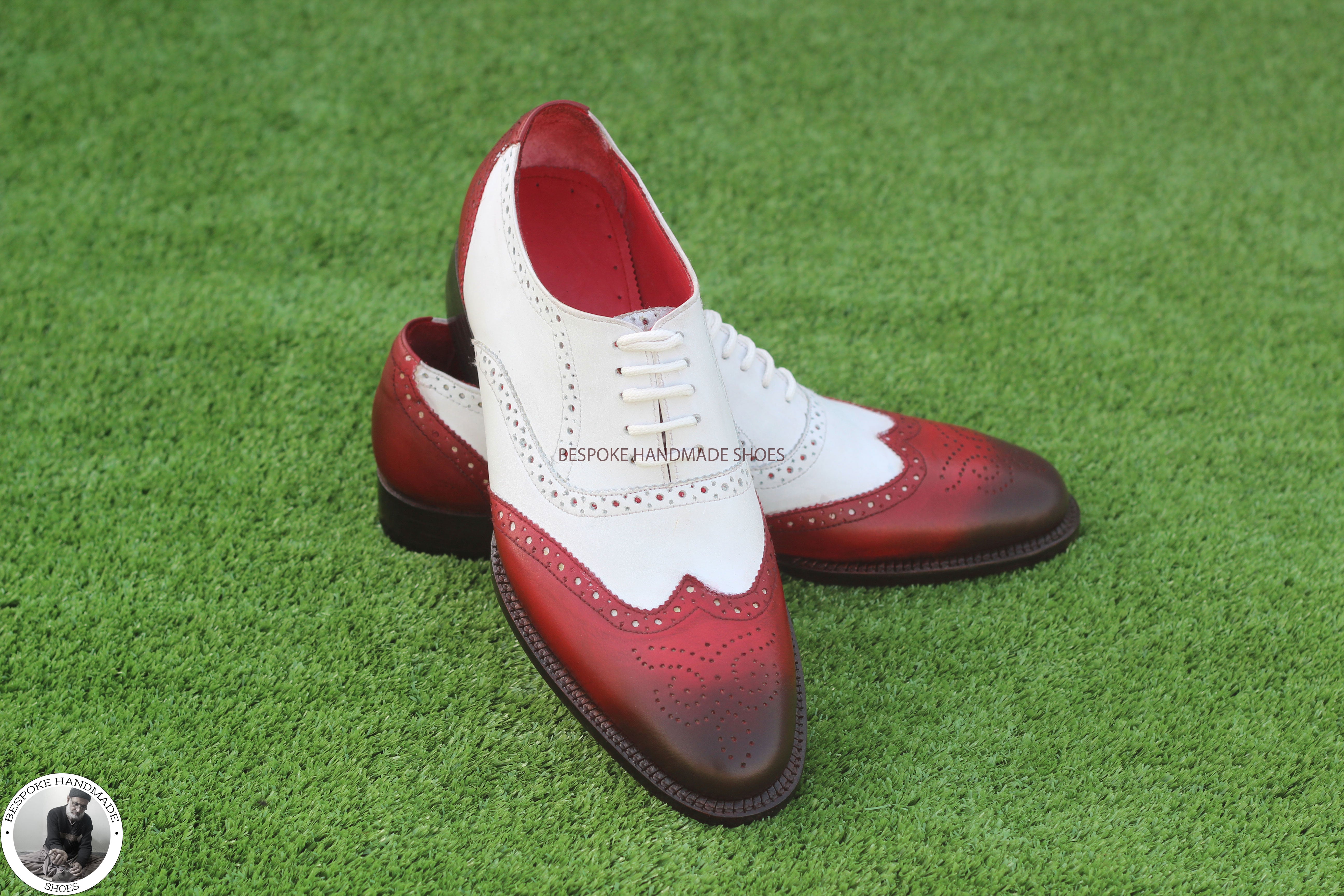 Bespoke Handmade White & Red Leather Black Shaded Oxford Wingtip Brogue Lace up Men's Shoes