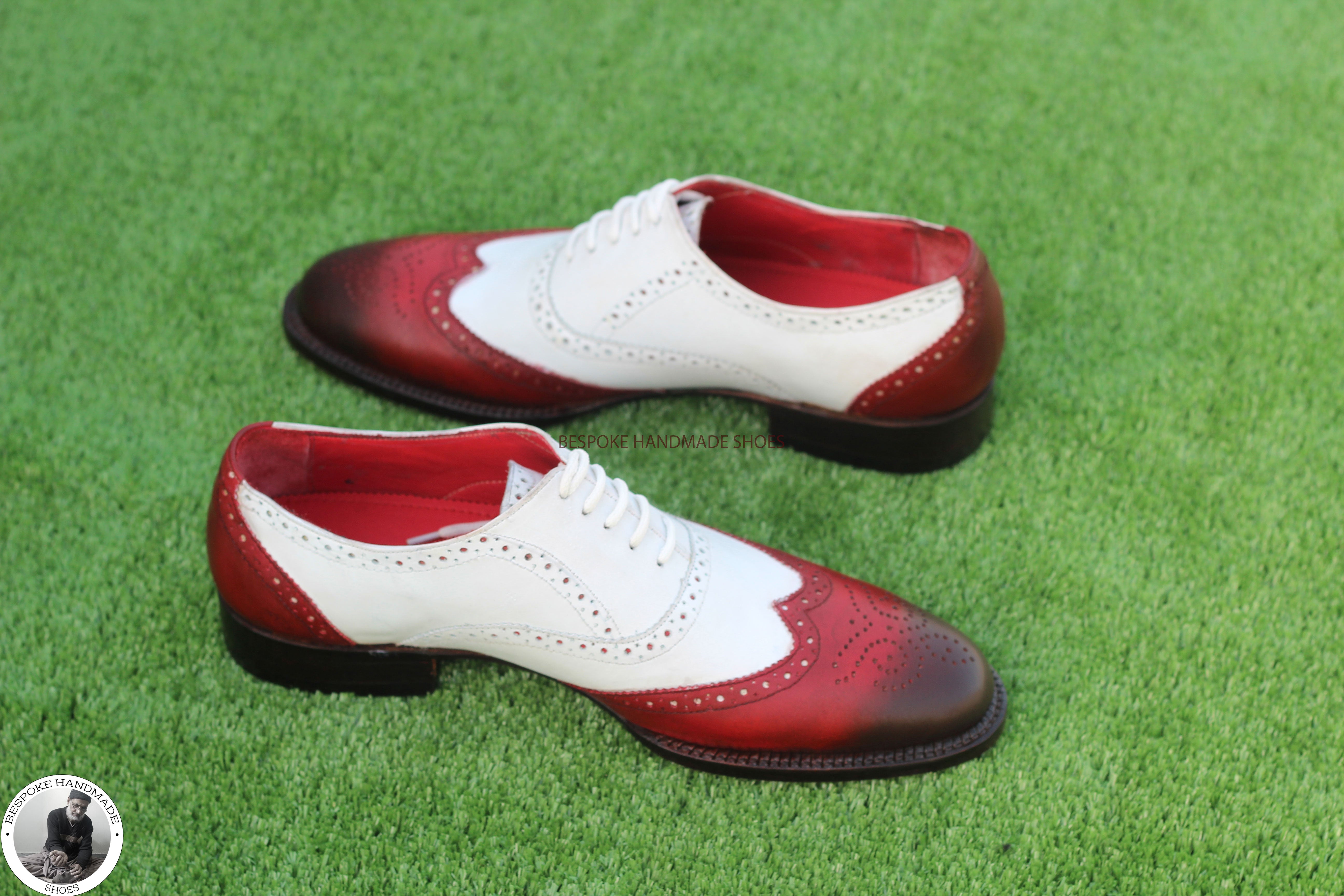 Bespoke Handmade White & Red Leather Black Shaded Oxford Wingtip Brogue Lace up Men's Shoes