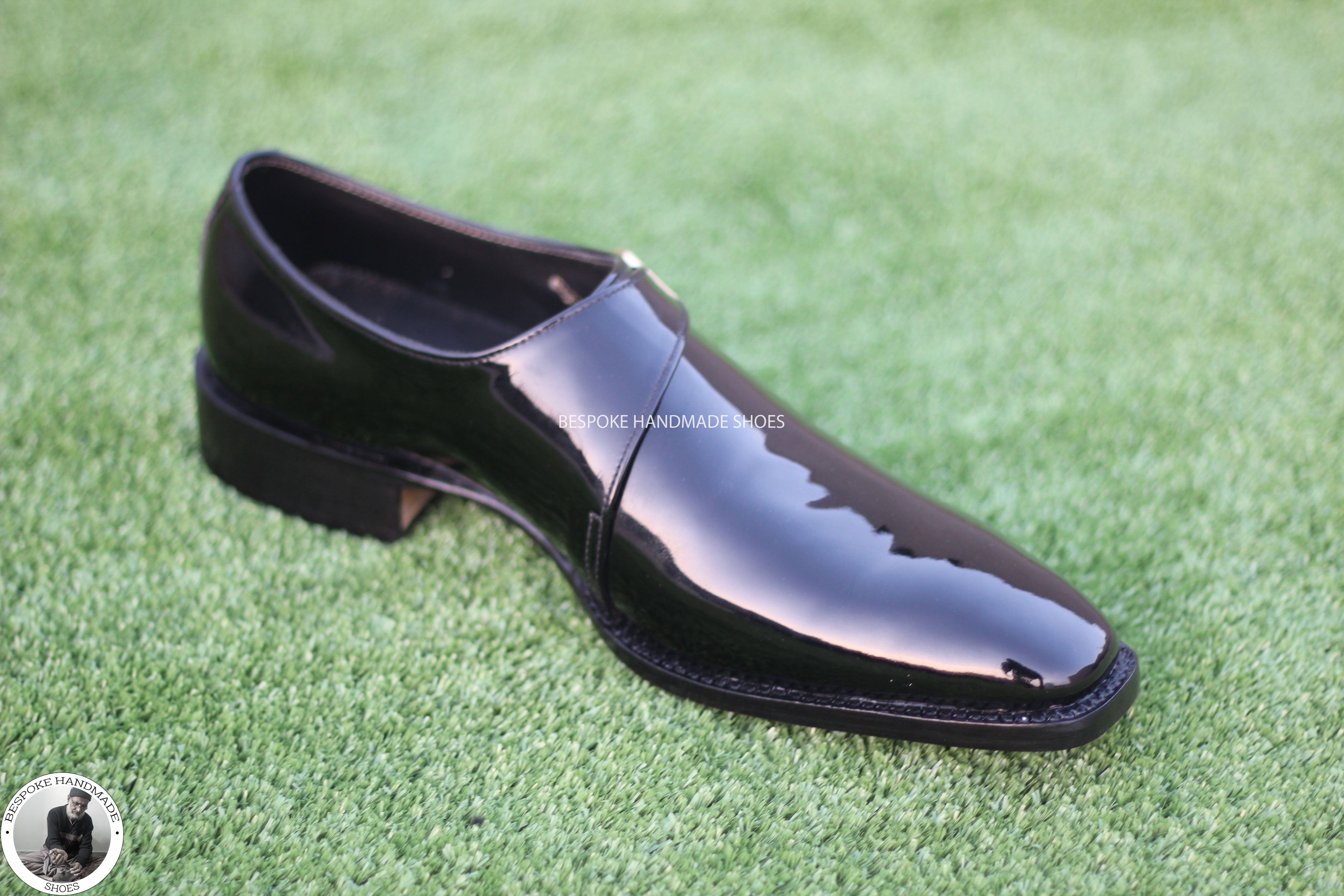 Bespoke Tailor Made Genuine Black Patent Wholecut Single Monk Strap Dress / Fashion Shoes