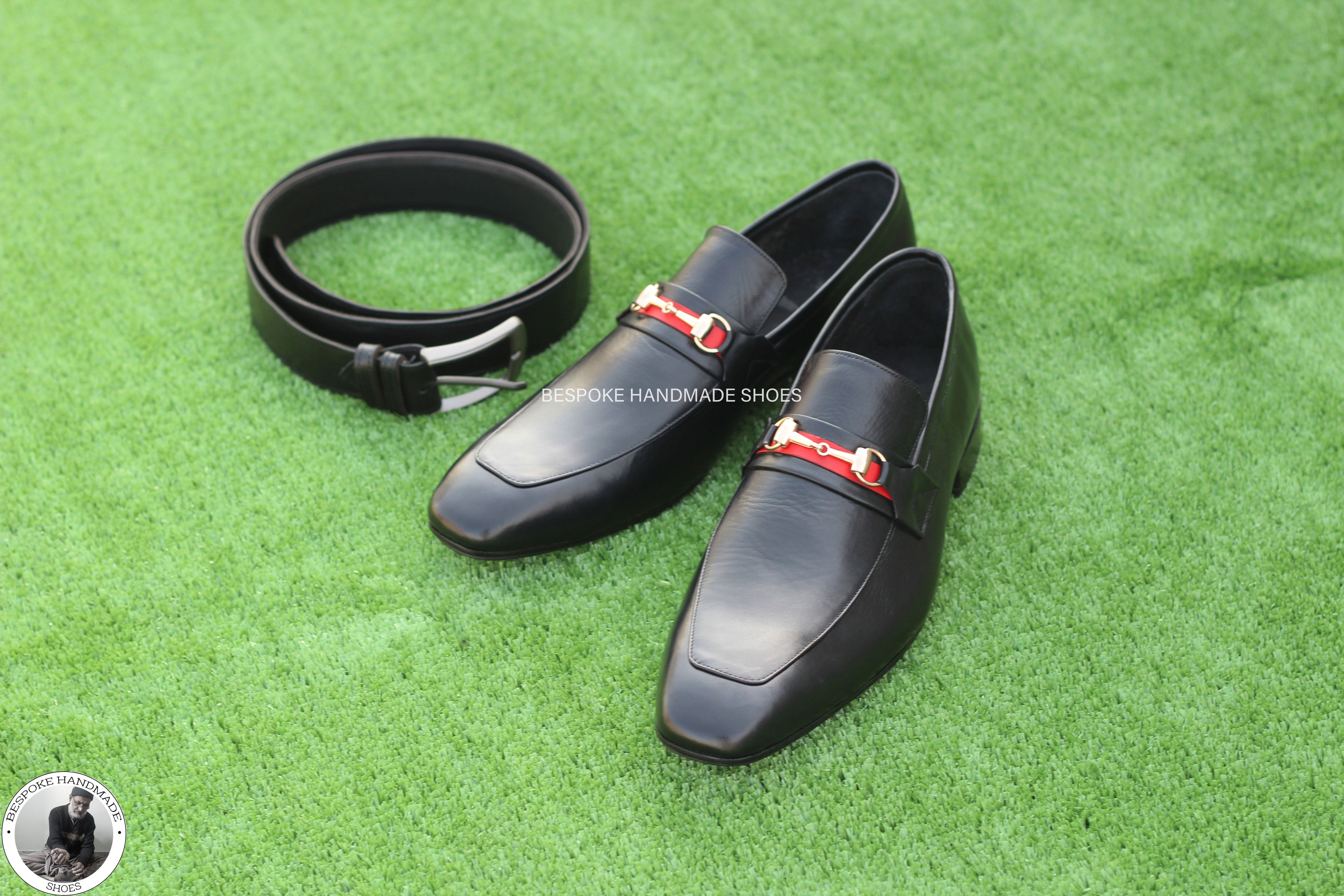 Handmade Goodyear Genuine Black Leather Slip On Moccasin Buckle Dress Shoes