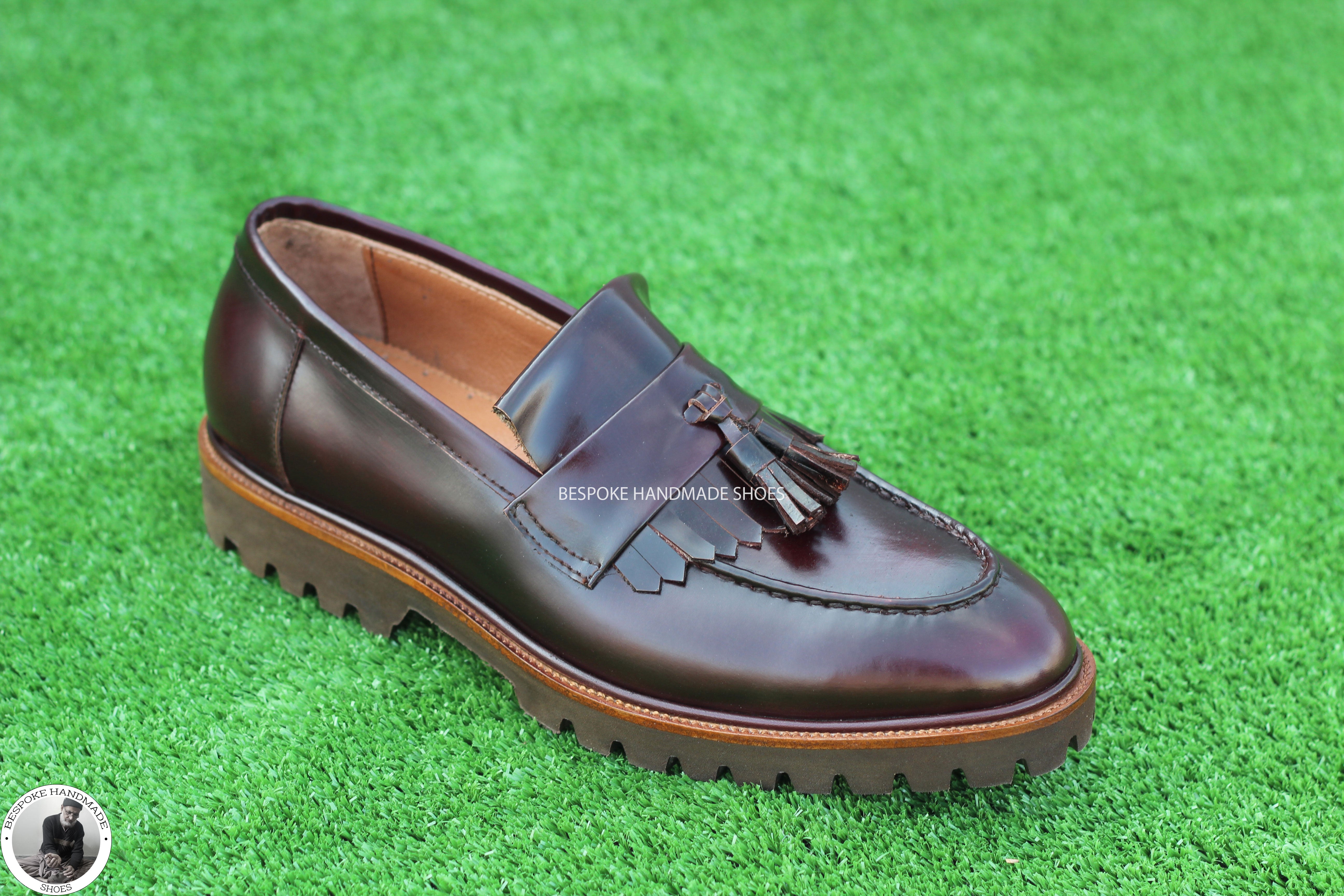 Handmade Dress Shoe, Brown Leather Loafer Slip on Leather Tassels Fringes Men Shoes