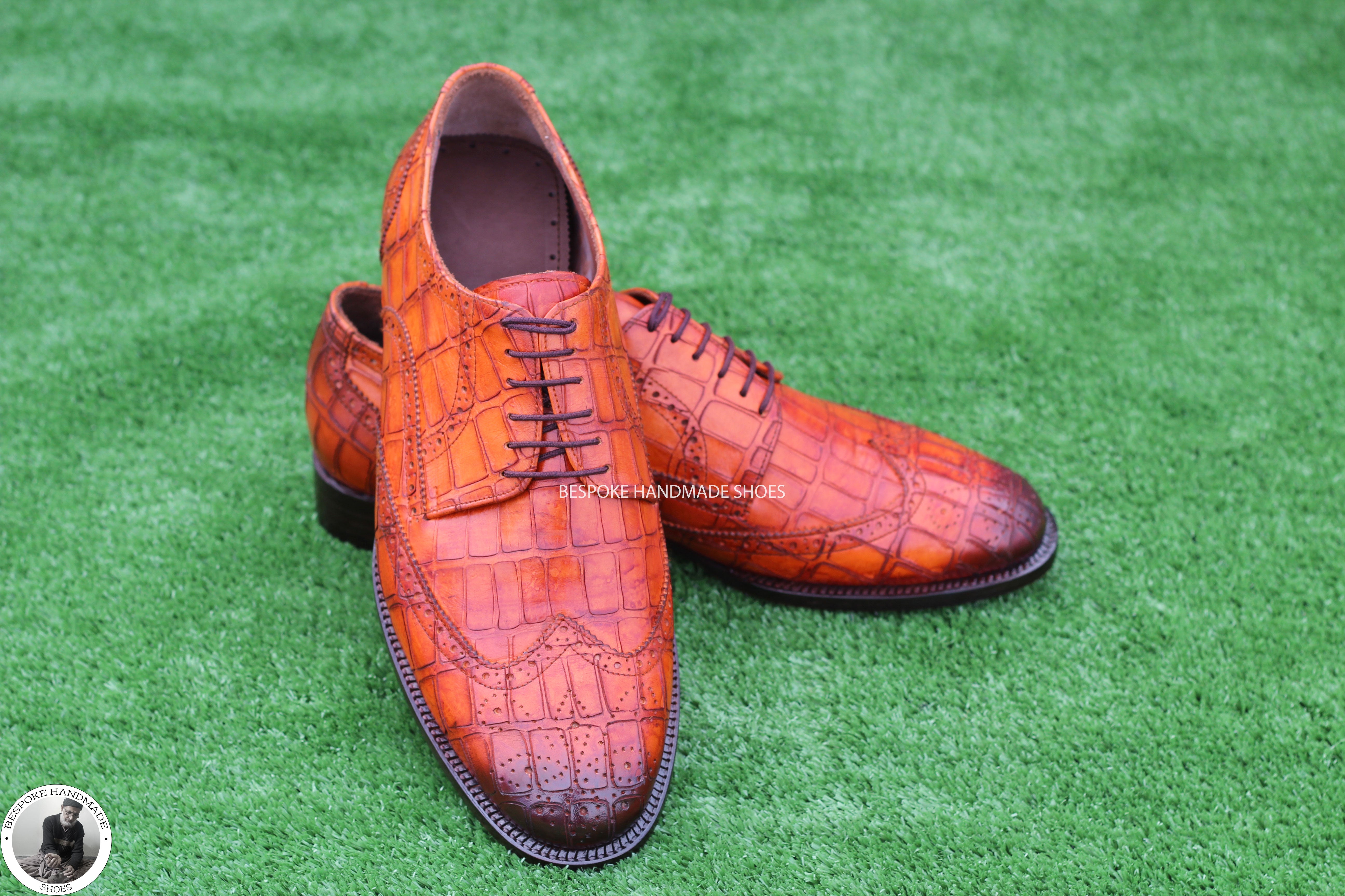 Custom Made Orange Tan Hand Painted Animal Print Leather Black Toe Shaded Oxford  Wingtip Lace Up Men Shoes
