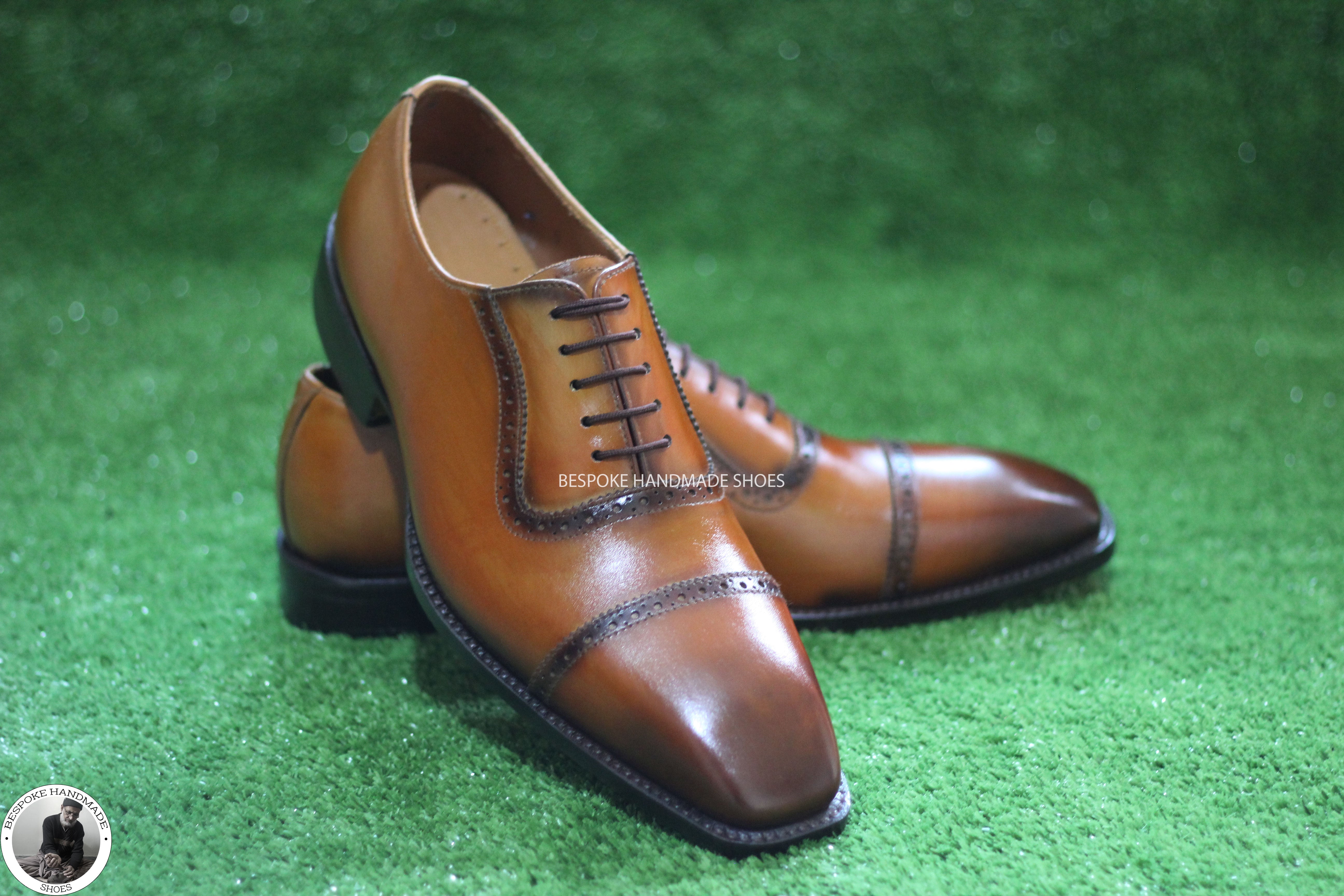 New Handcrafted Genuine Tan Leather Bit Black Shaded Oxford Toe Cap Lace Up Dress, Formal Shoes for Men's