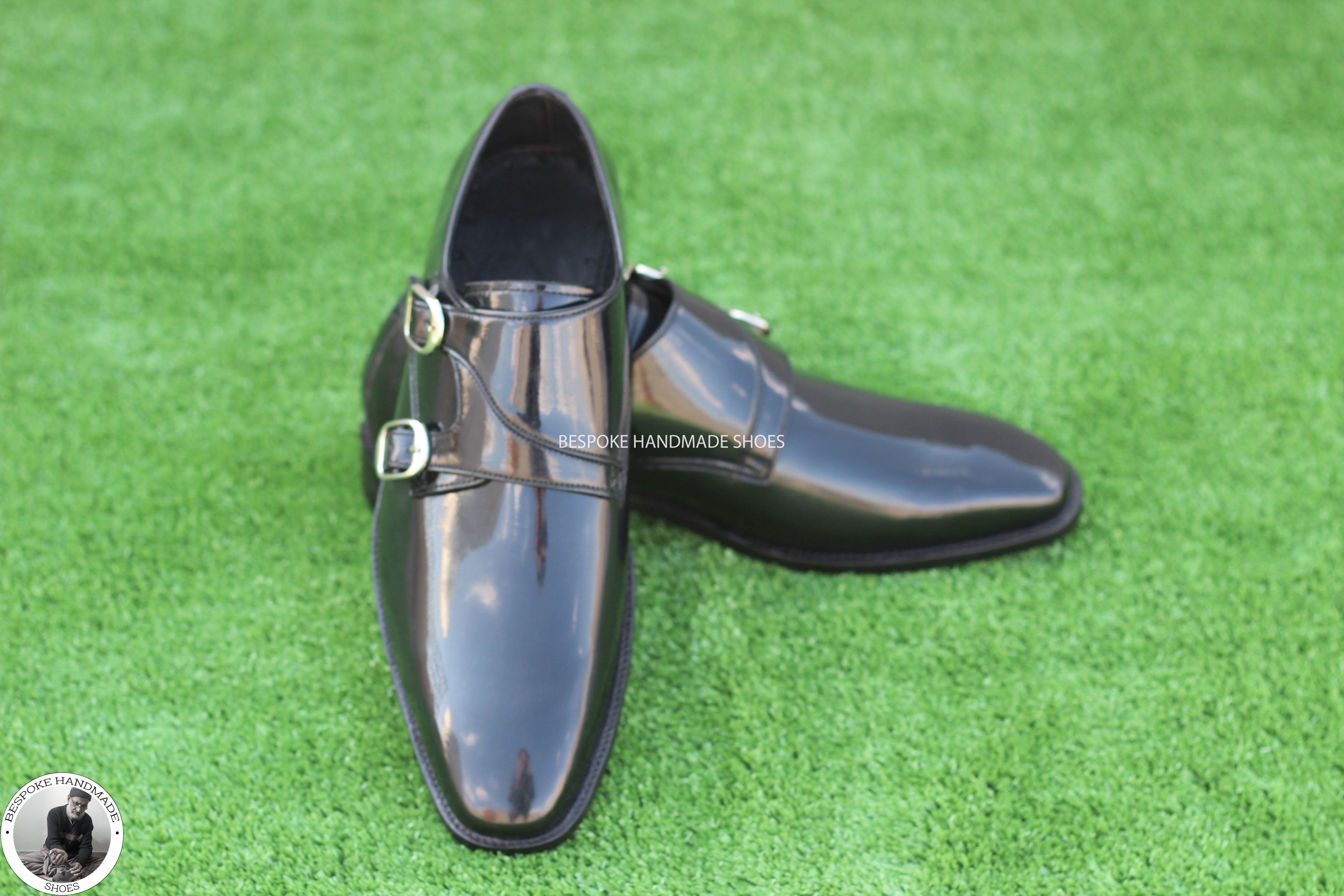 Custom Made Goodyear Welted Black Patent Double Monk Strap Whole Cut Dress / Formal  Shoes For Men's
