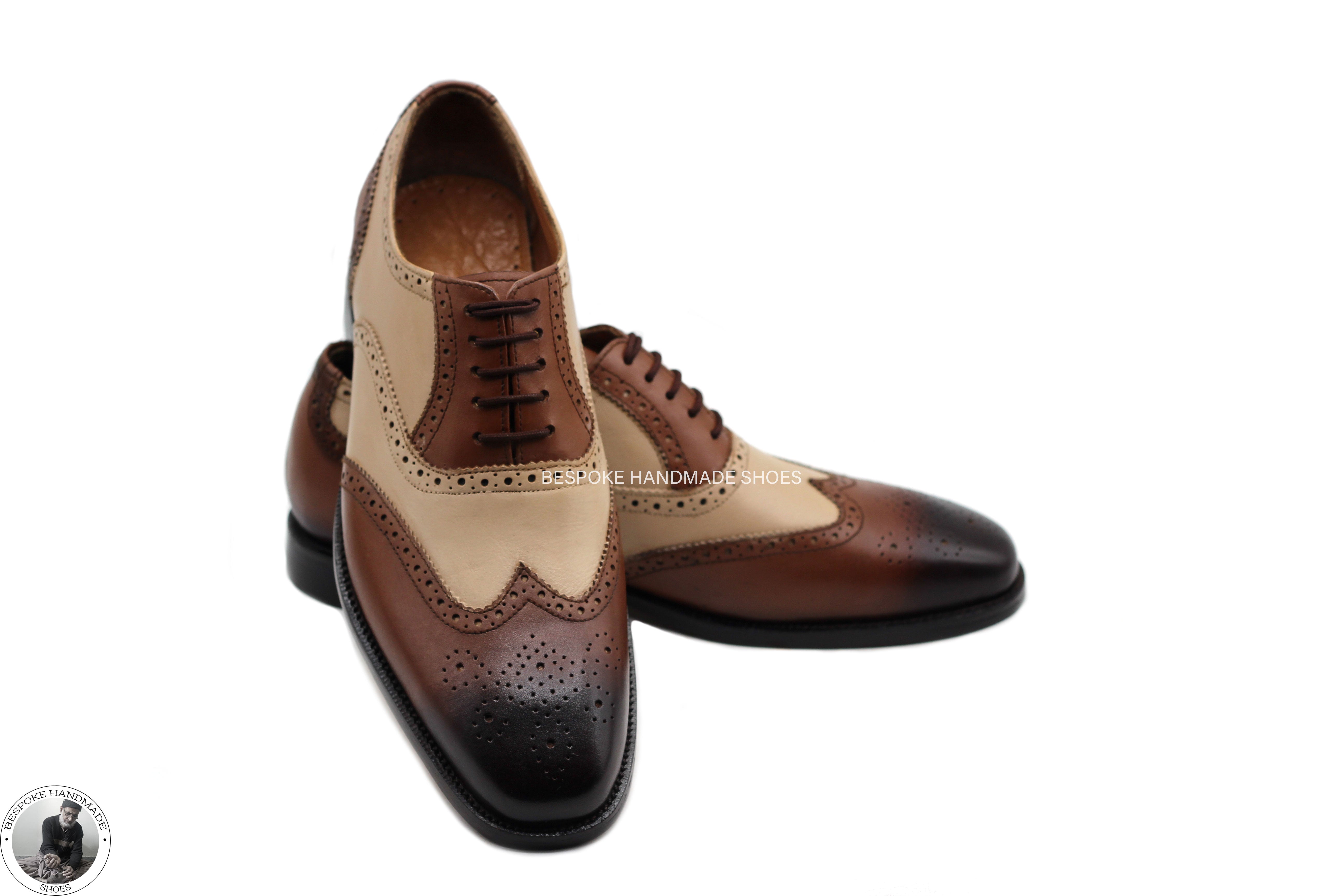 Bespoke Handmade GoodyearCream And Brown Leather Oxford Wingtip Brogue Dress / Formal Shoes