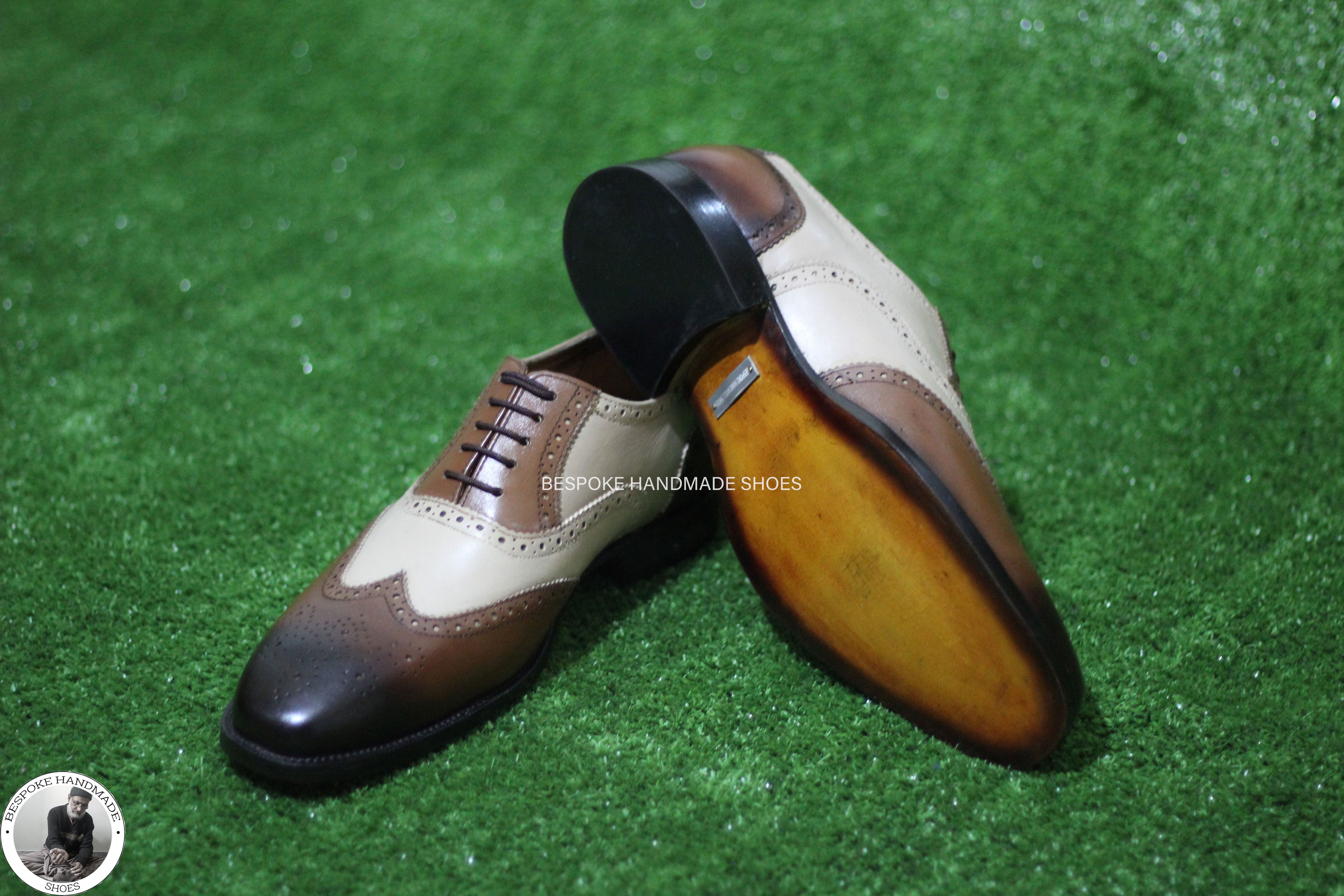 Bespoke Handmade GoodyearCream And Brown Leather Oxford Wingtip Brogue Dress / Formal Shoes