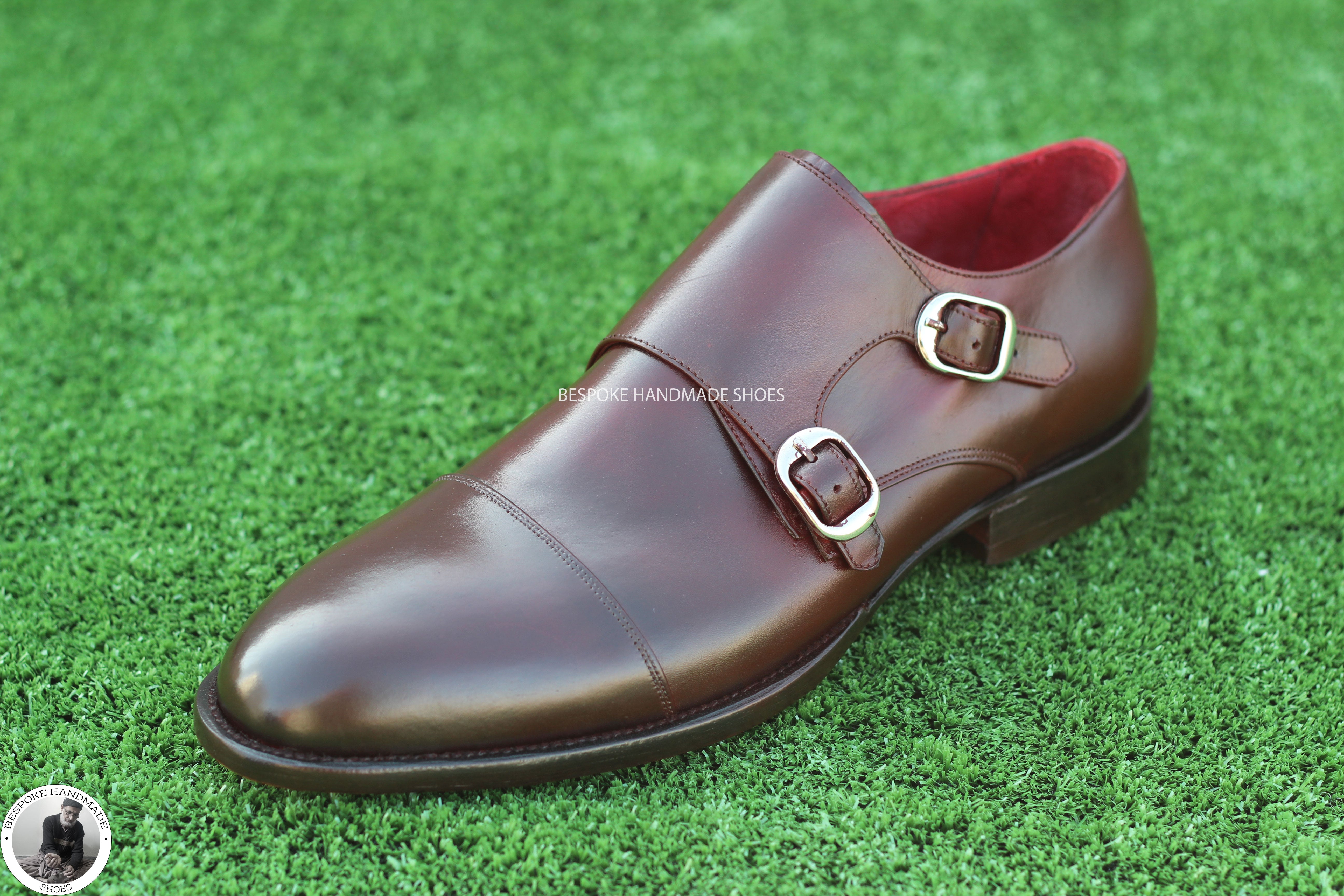 Buy Handmade Brown Color Leather Double Monk Strap Toe Cap Formal Shoes For Men