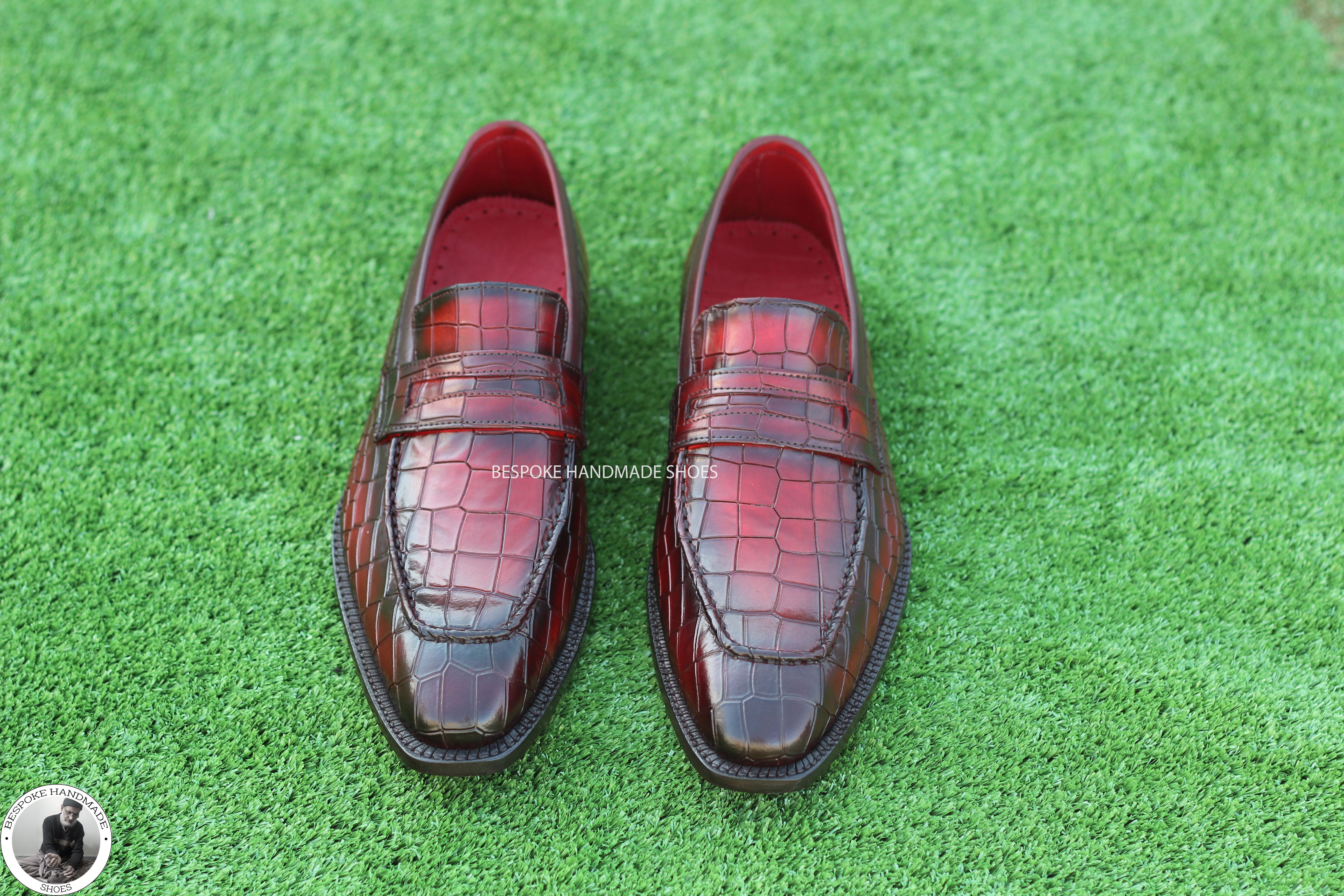 Men's Handmade Alligator Print Maroon Leather & Black Shaded Slip On Moccasin Dress Shoe