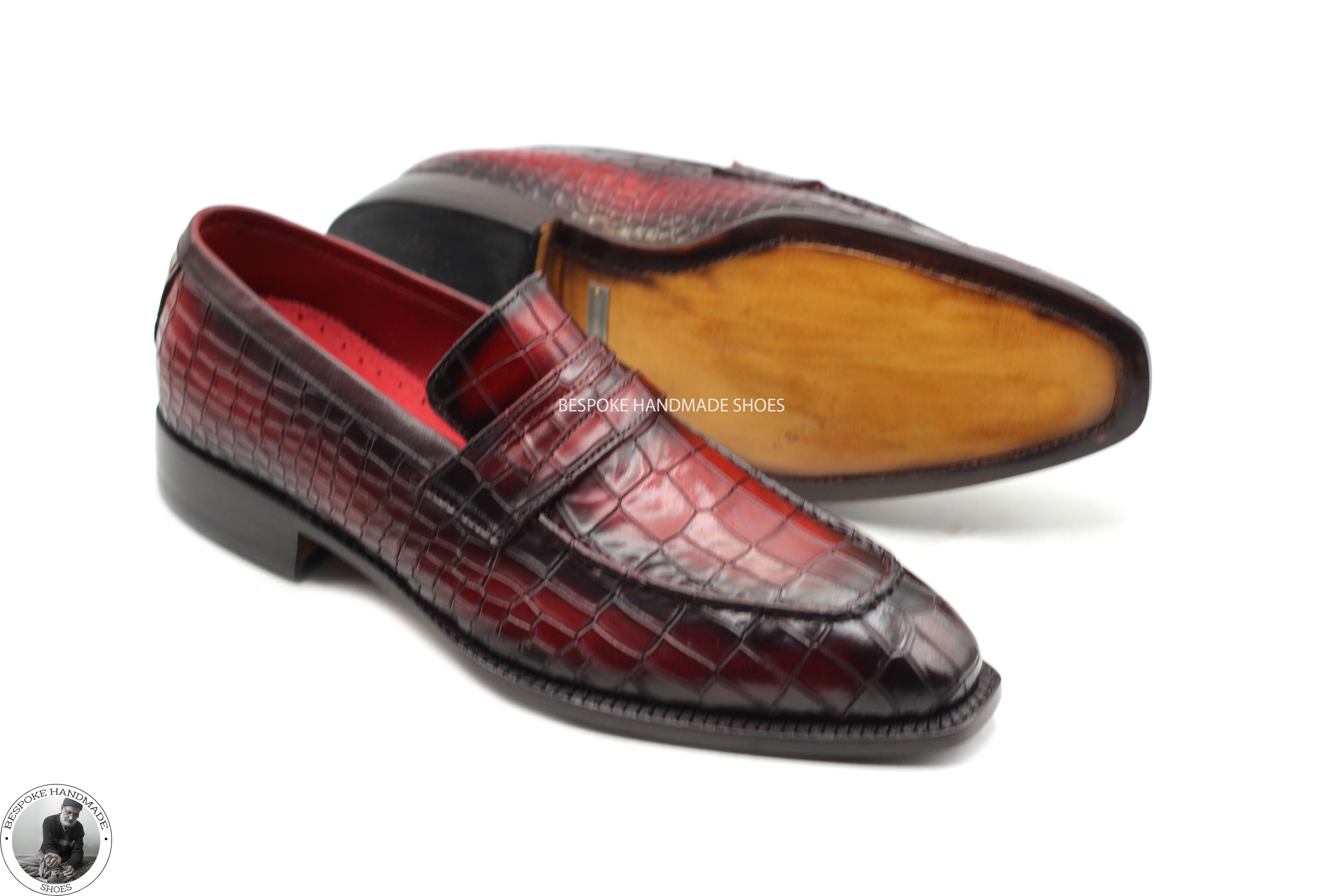 Men's Handmade Alligator Print Maroon Leather & Black Shaded Slip On Moccasin Dress Shoe
