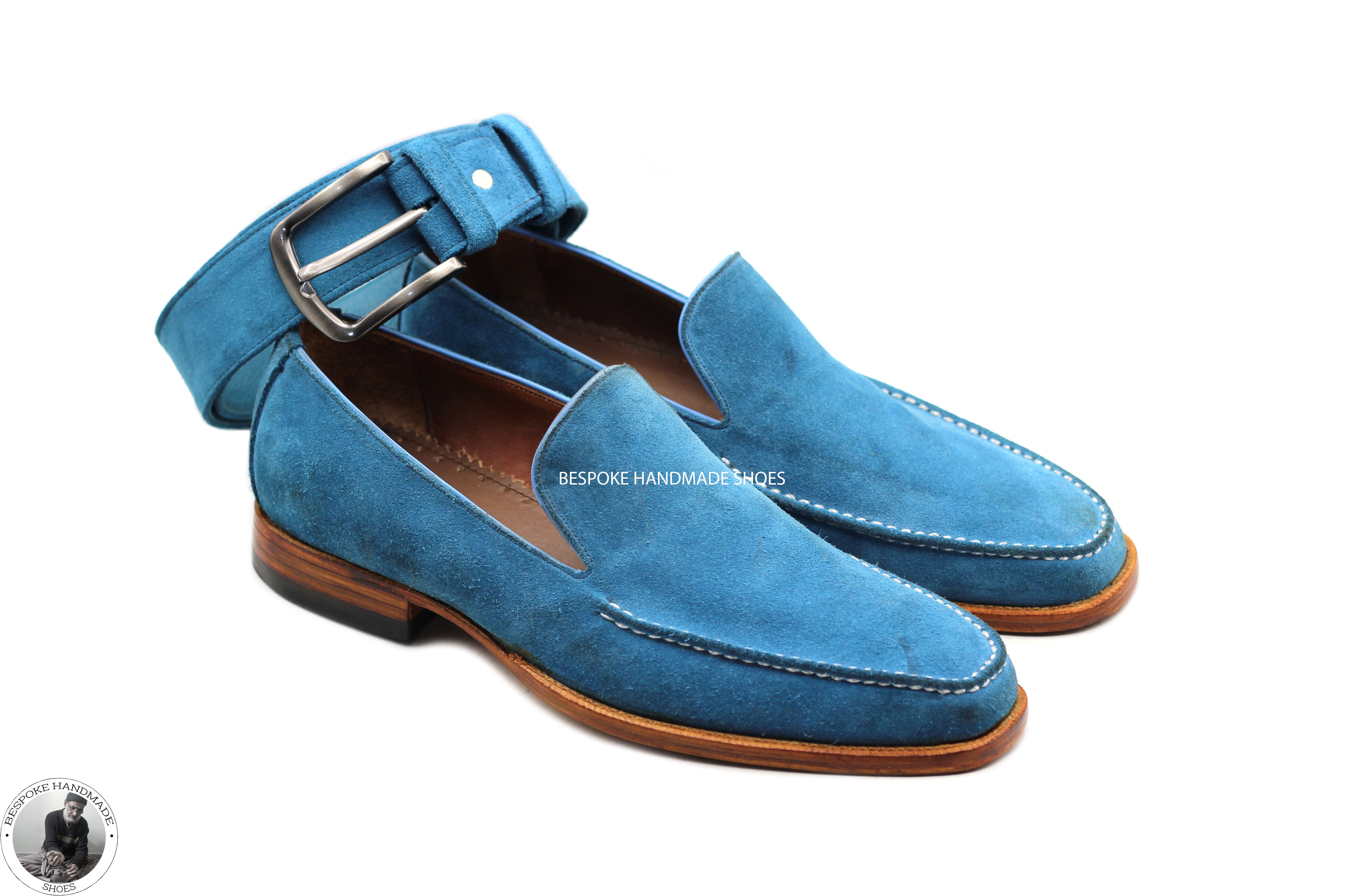 Buy Handmade Goodyear Welted Genuine Blue Suede Loafer Slip on Moccasin Men's Shoes