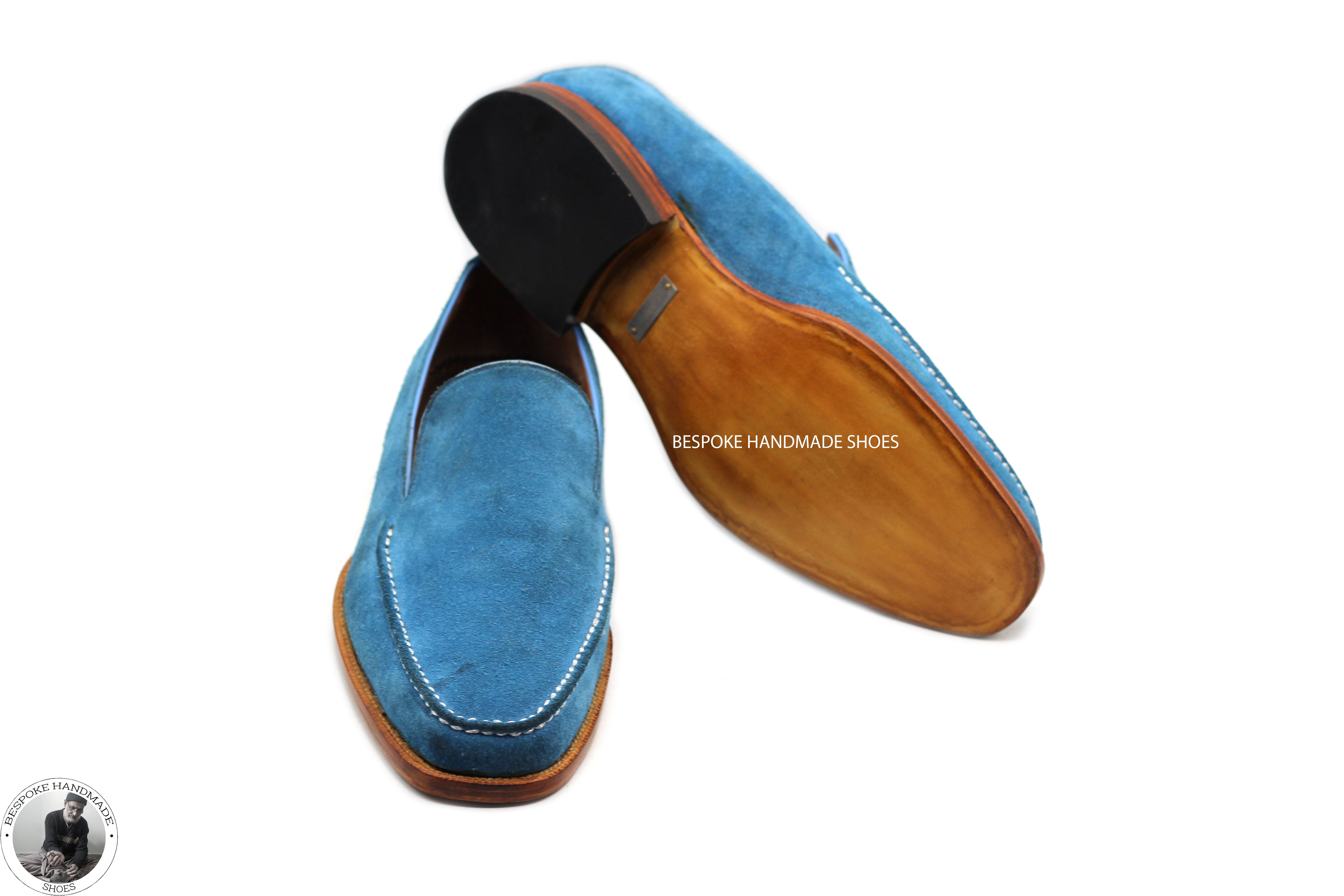 Buy Handmade Goodyear Welted Genuine Blue Suede Loafer Slip on Moccasin Men's Shoes