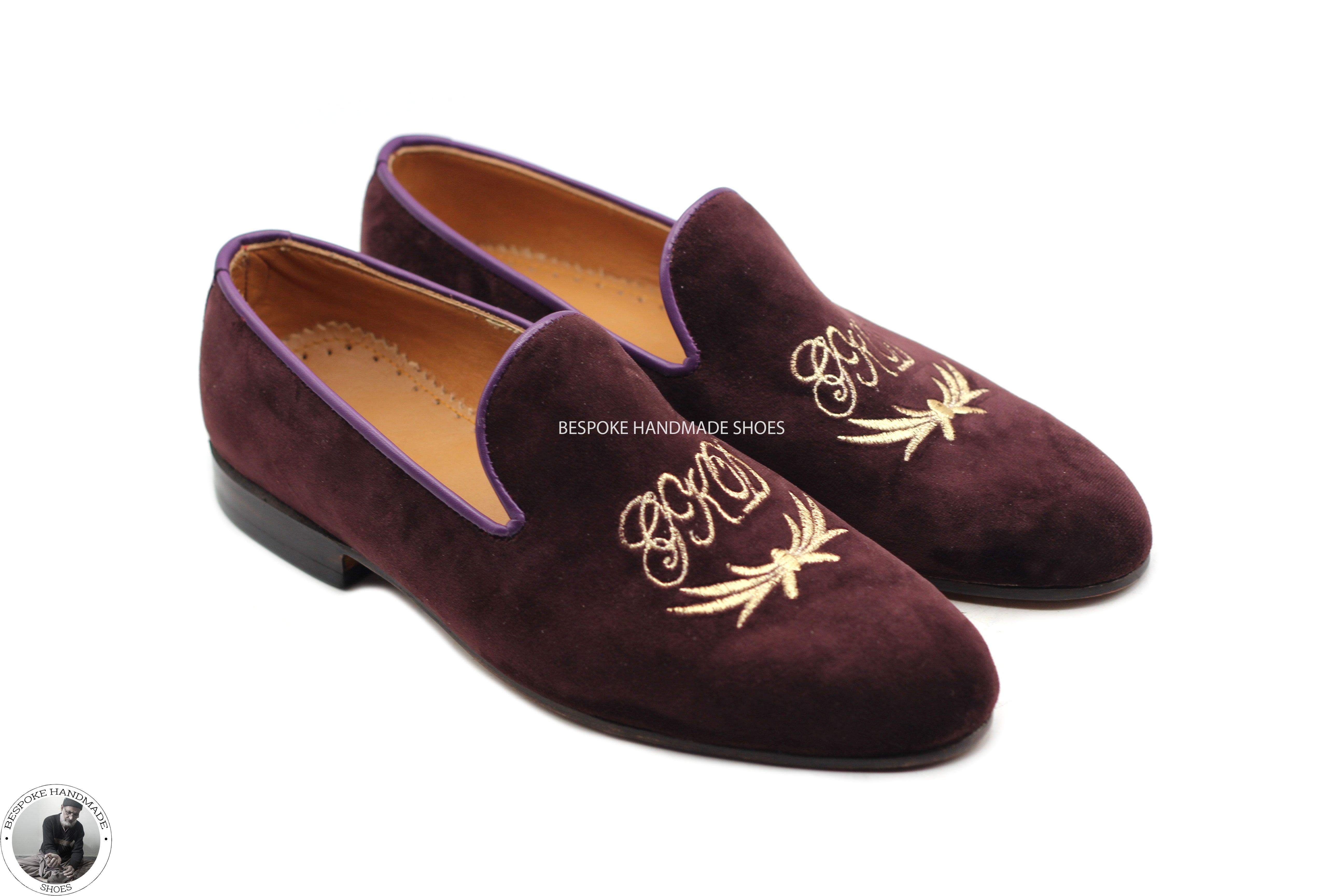 Bespoke's Pure Handmade Maroon Color Velvet Embroidered  Men's Dress Top Fashion  Shoes