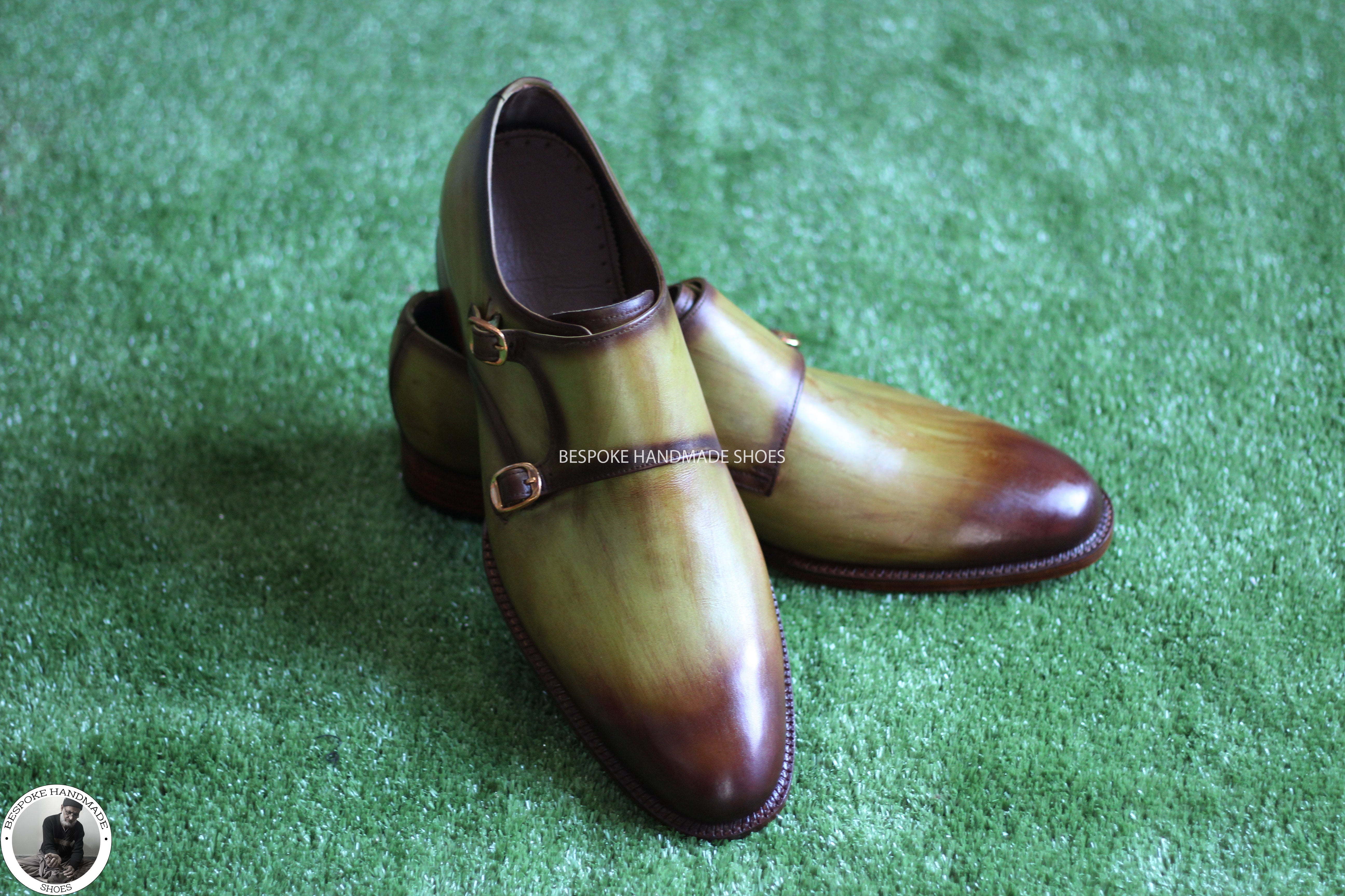 Bespoke Handmade Stylish Two Tone  Leather Toe Shaded Double Monk Strap Dress Shoes for Men' 