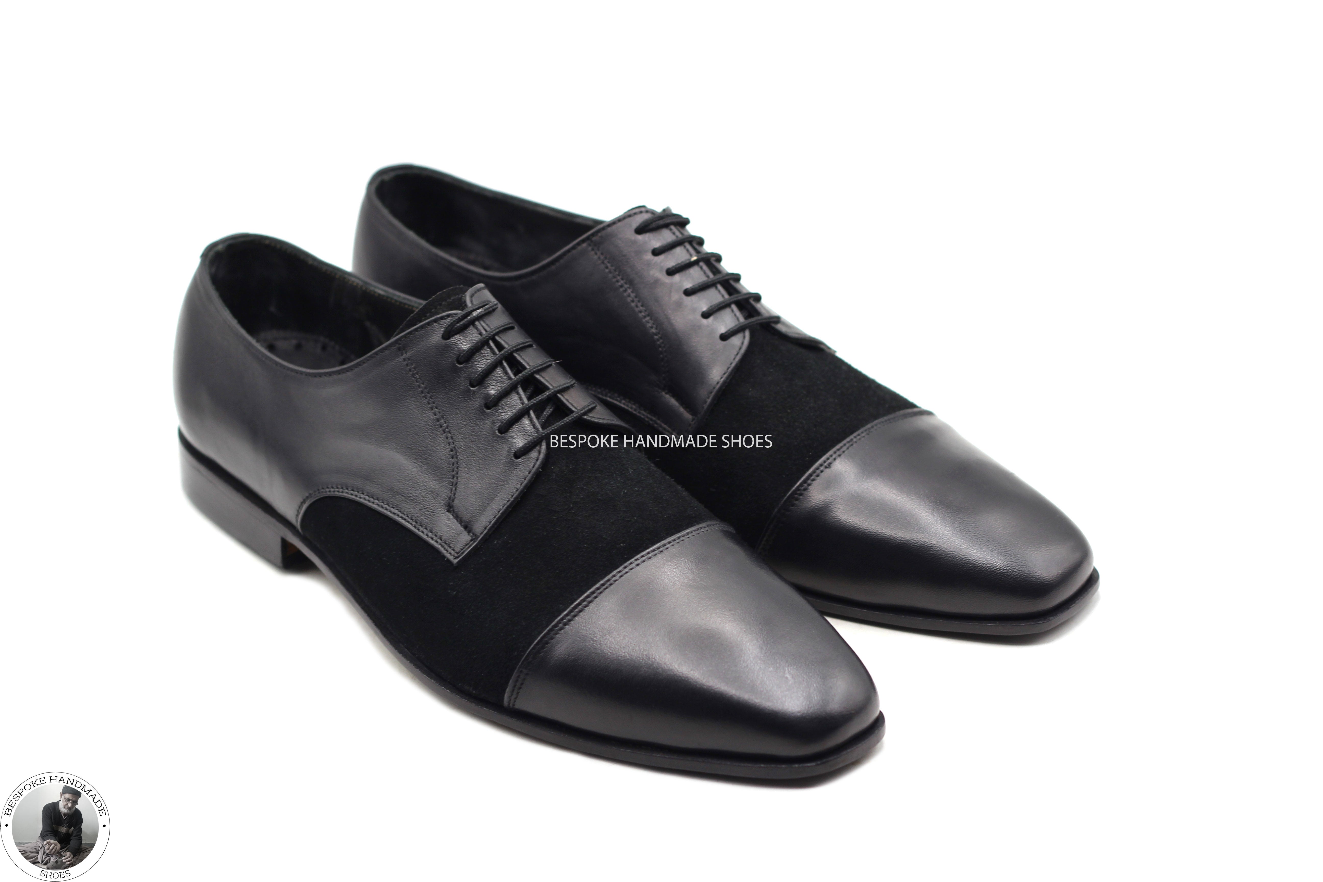 Handcrafted Genuine Black Leather & Suede Toe Cap Whole Cut Lace Up Oxford Party Wear Dress Shoes For Men's