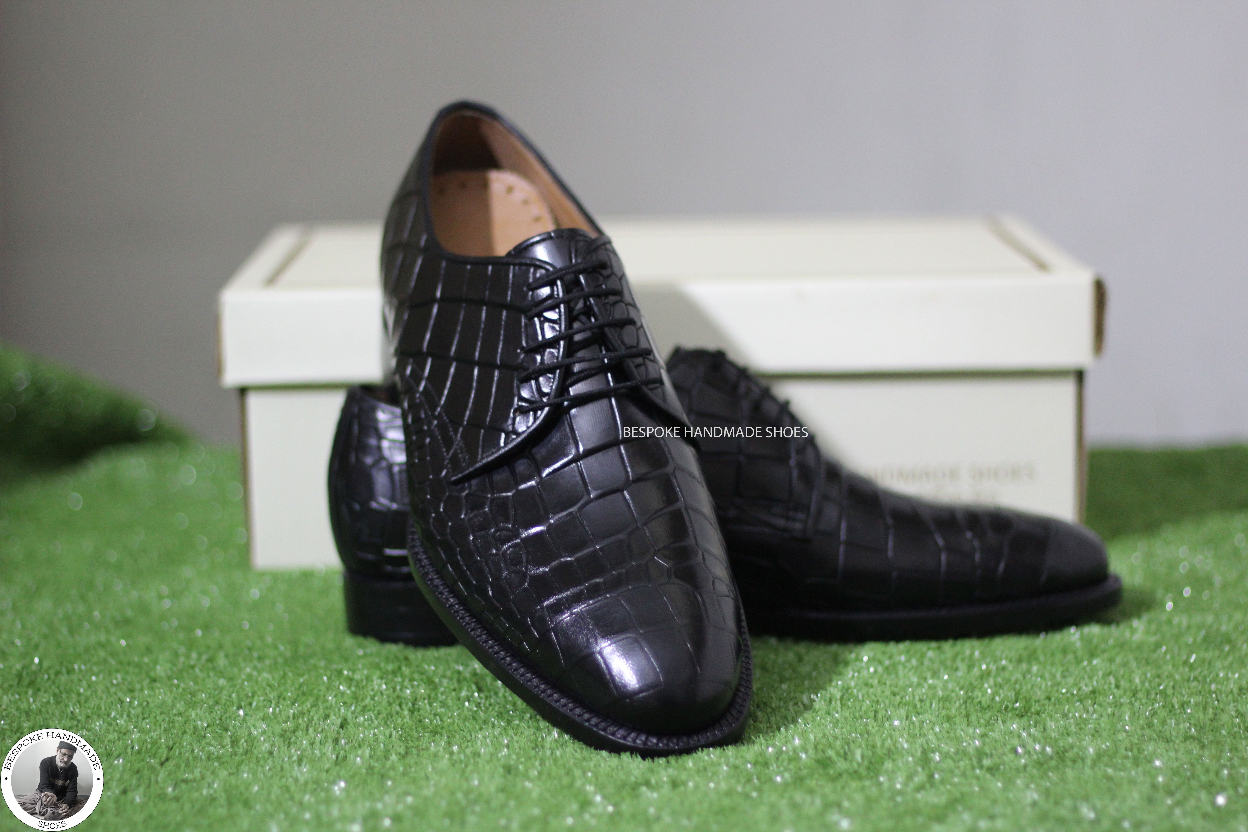 New Handmade Men’s Black Croc Print Leather Derby Lace up Dress Formal Shoes