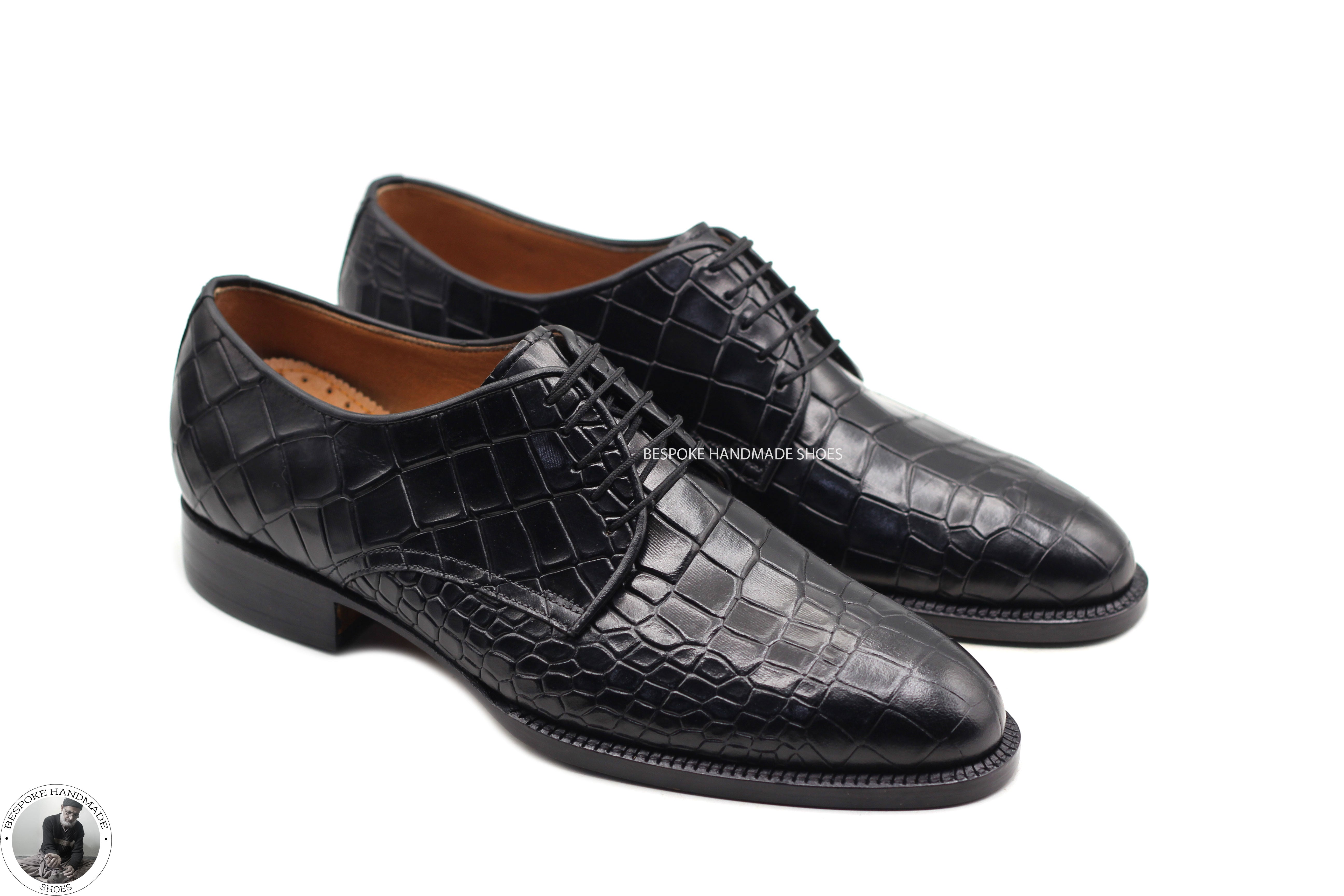 New Handmade Men’s Black Croc Print Leather Derby Lace up Dress Formal Shoes