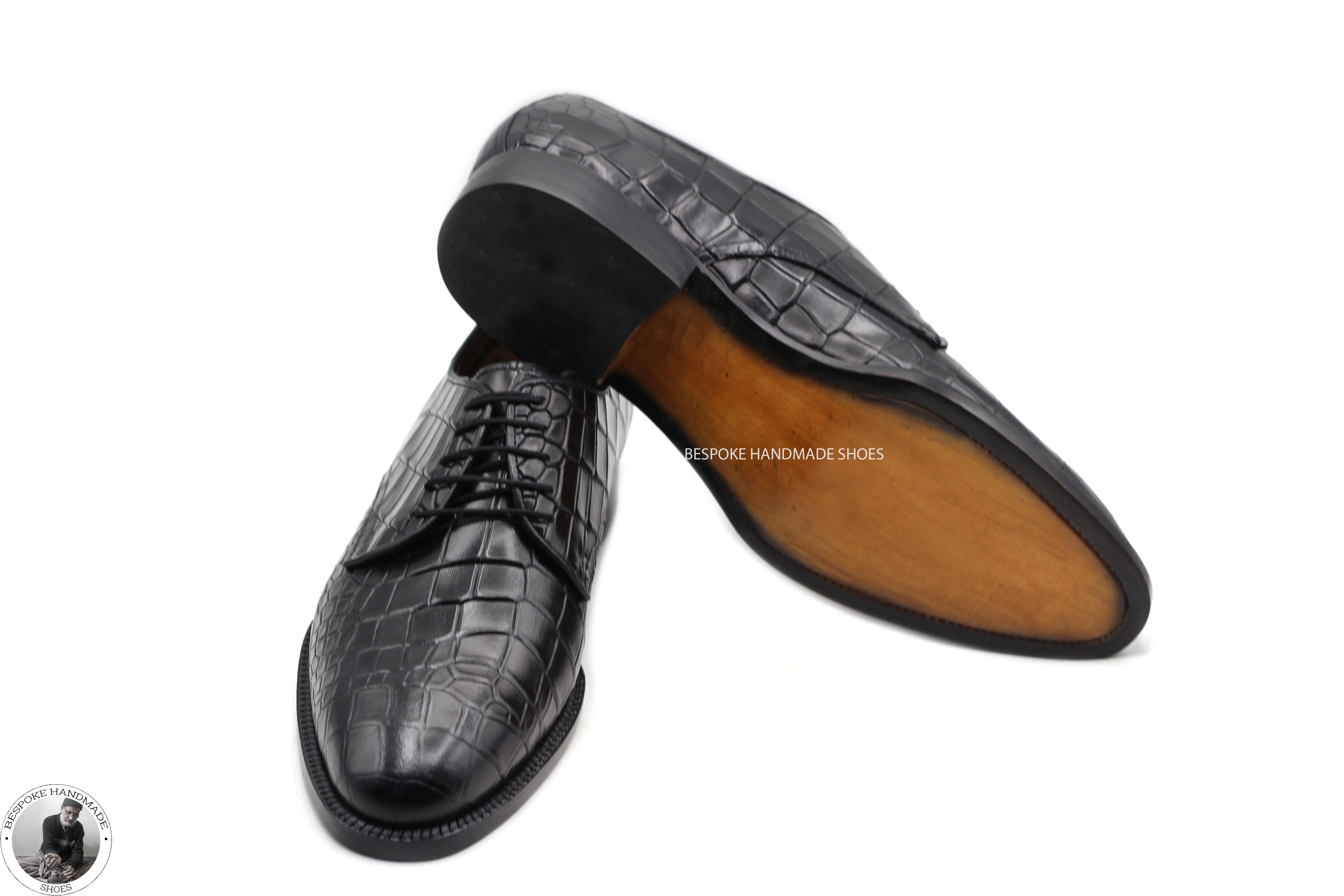 New Handmade Men’s Black Croc Print Leather Derby Lace up Dress Formal Shoes