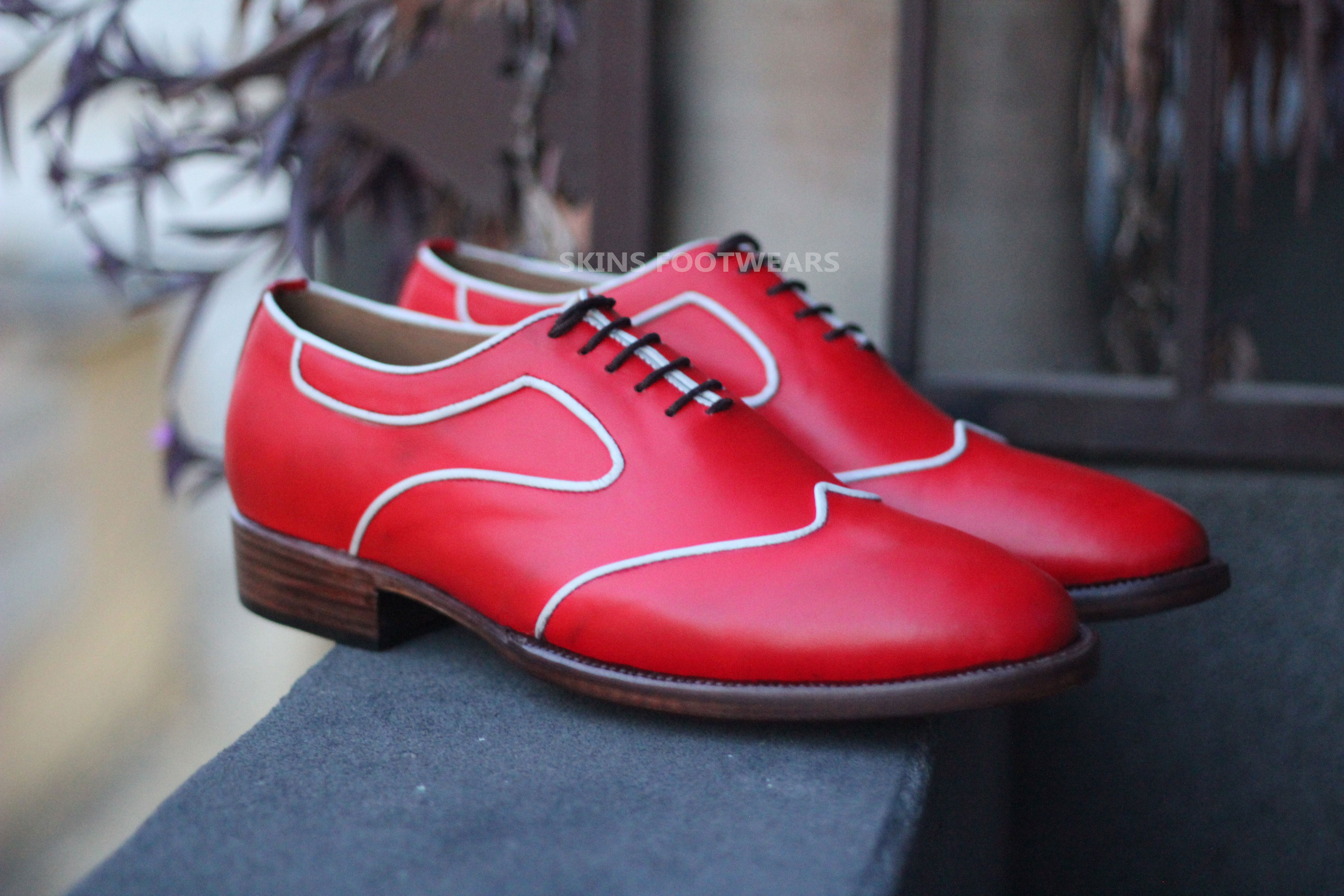 Premium Quality Red, White Leather Wingtip Oxford Shoes, Lace Up Dress Men Shoes