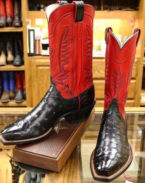 Good Year Welted Men's Handmade Black Ostrich, Red Leather Cowboy Western Dress Boots Men