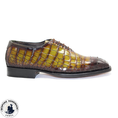 Tailor Made Handmade Business Shoe, Light Green Crocodile Print Leather Brown Shaded Lace Up Whole-cut Shoes