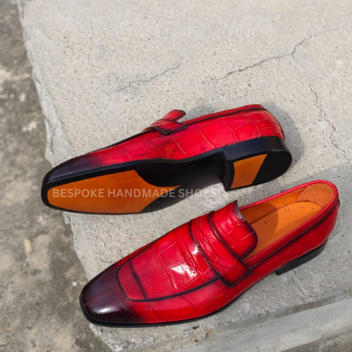 Custom Made Men's Red Crocodile Leather Texture Black Shaded Slip On Dress Casual Wear Shoes Men