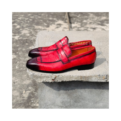 Custom Made Men's Red Crocodile Leather Texture Black Shaded Slip On Dress Casual Wear Shoes Men