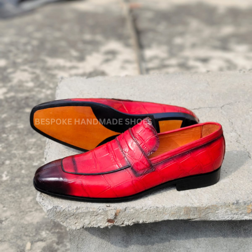 Custom Made Men's Red Crocodile Leather Texture Black Shaded Slip On Dress Casual Wear Shoes Men