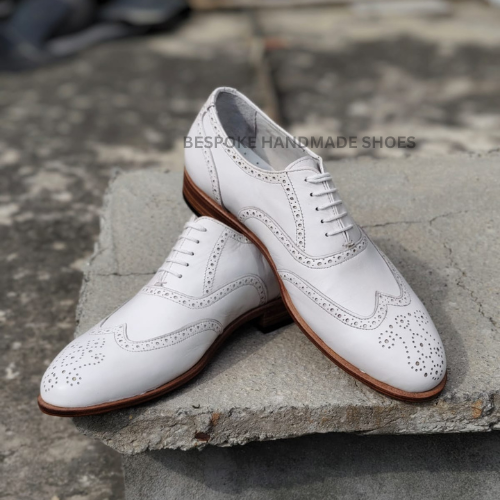 Bespoke Men's Handstitched White Color Leather Oxford Wingtip Brogue Lace Up Formal Casual Wear Shoes Men