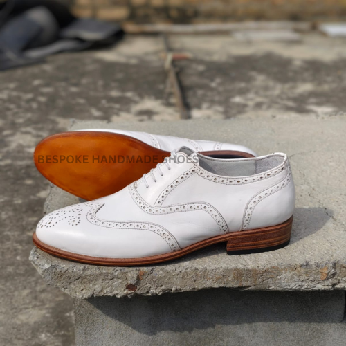 Bespoke Men's Handstitched White Color Leather Oxford Wingtip Brogue Lace Up Formal Casual Wear Shoes Men