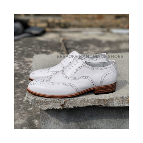 Bespoke Men's Handstitched White Color Leather Oxford Wingtip Brogue Lace Up Formal Casual Wear Shoes Men