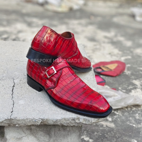 New Men's Handmade Red Crocodile Leather Texture Single Monk Strap Whole-Cut Dress Formal Wear Casual Shoes Men