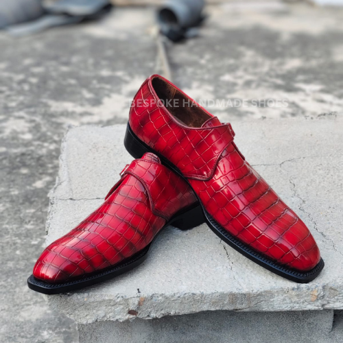 New Men's Handmade Red Crocodile Leather Texture Single Monk Strap Whole-Cut Dress Formal Wear Casual Shoes Men
