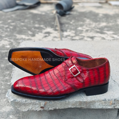New Men's Handmade Red Crocodile Leather Texture Single Monk Strap Whole-Cut Dress Formal Wear Casual Shoes Men