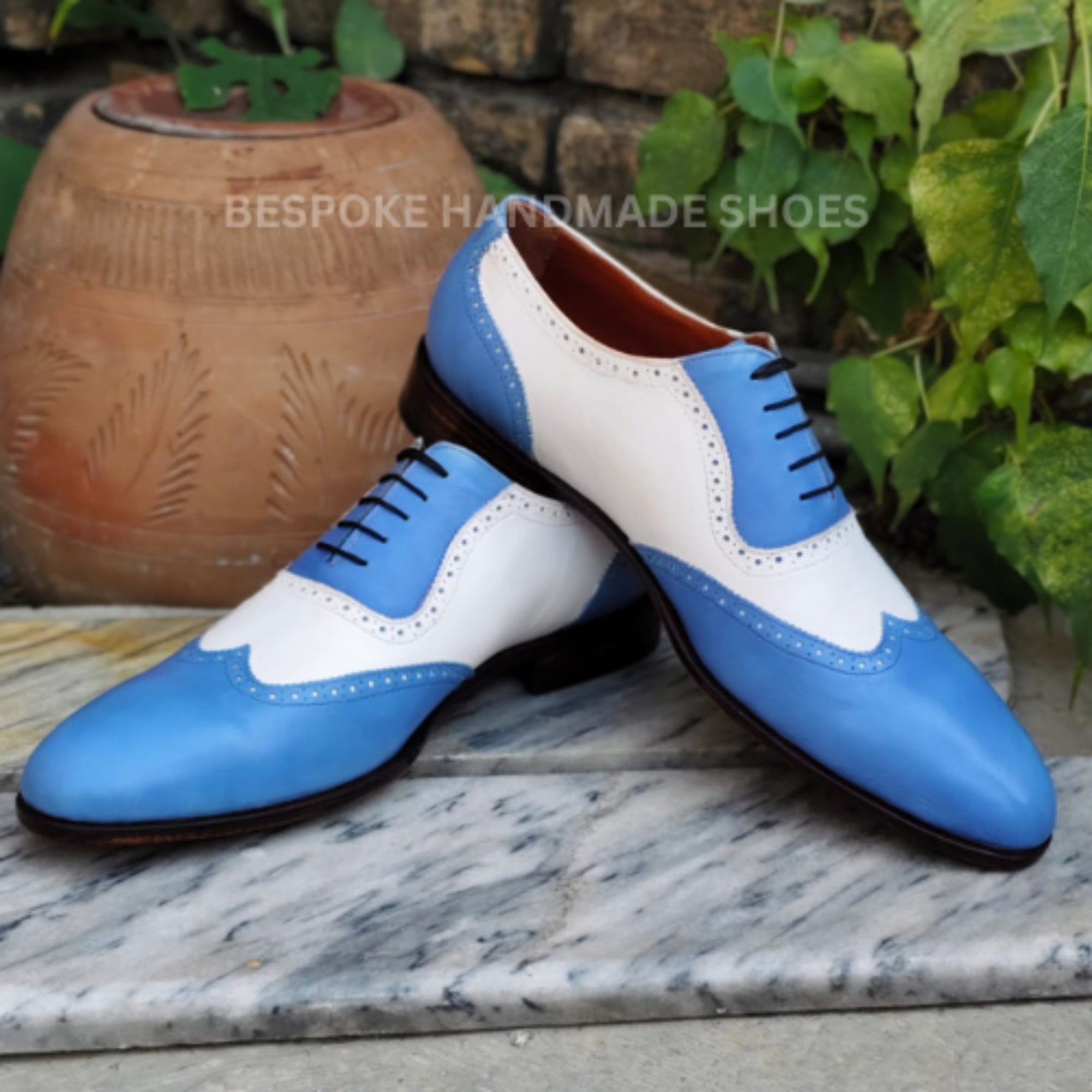 Tailor Made Men's Blue, White Color Leather Oxford Wingtip Lace Up Formal Wear Shoes