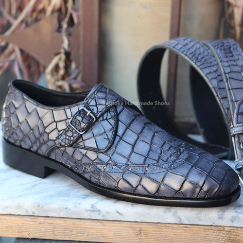 Goodyear Welted Crocodile Print Gray Leather Monk Strap Shoe, Oxford Lace Up Wingtip Brogue Shoes