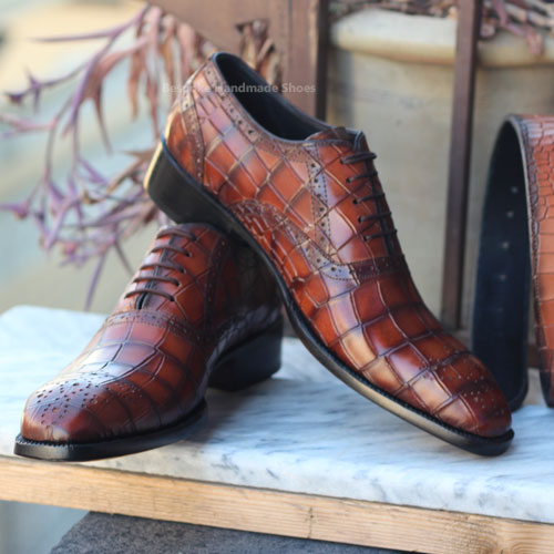 Handmade Crocodile Print Brown Leather Oxford Shoe, Whole-cut Lace Up Brogue Shoes
