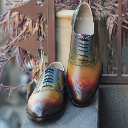 Men's Patina Art multi color Leather Brogue Oxford Dress Handmade man Shoes