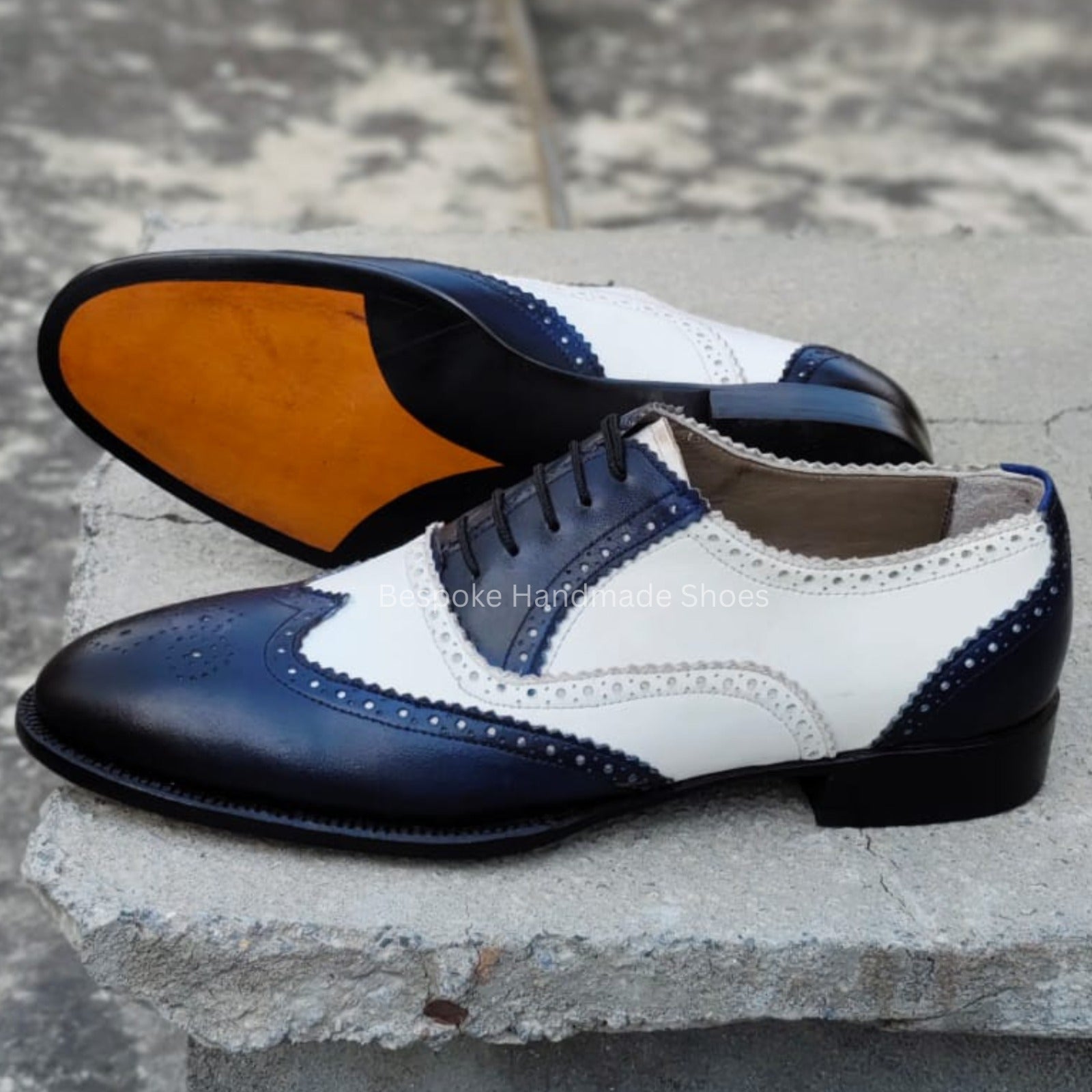 Bespoke Men's Handmade Two Tone Leather Oxford Wingtip Brogue Lace Up Dress Casual Wear Shoes Men