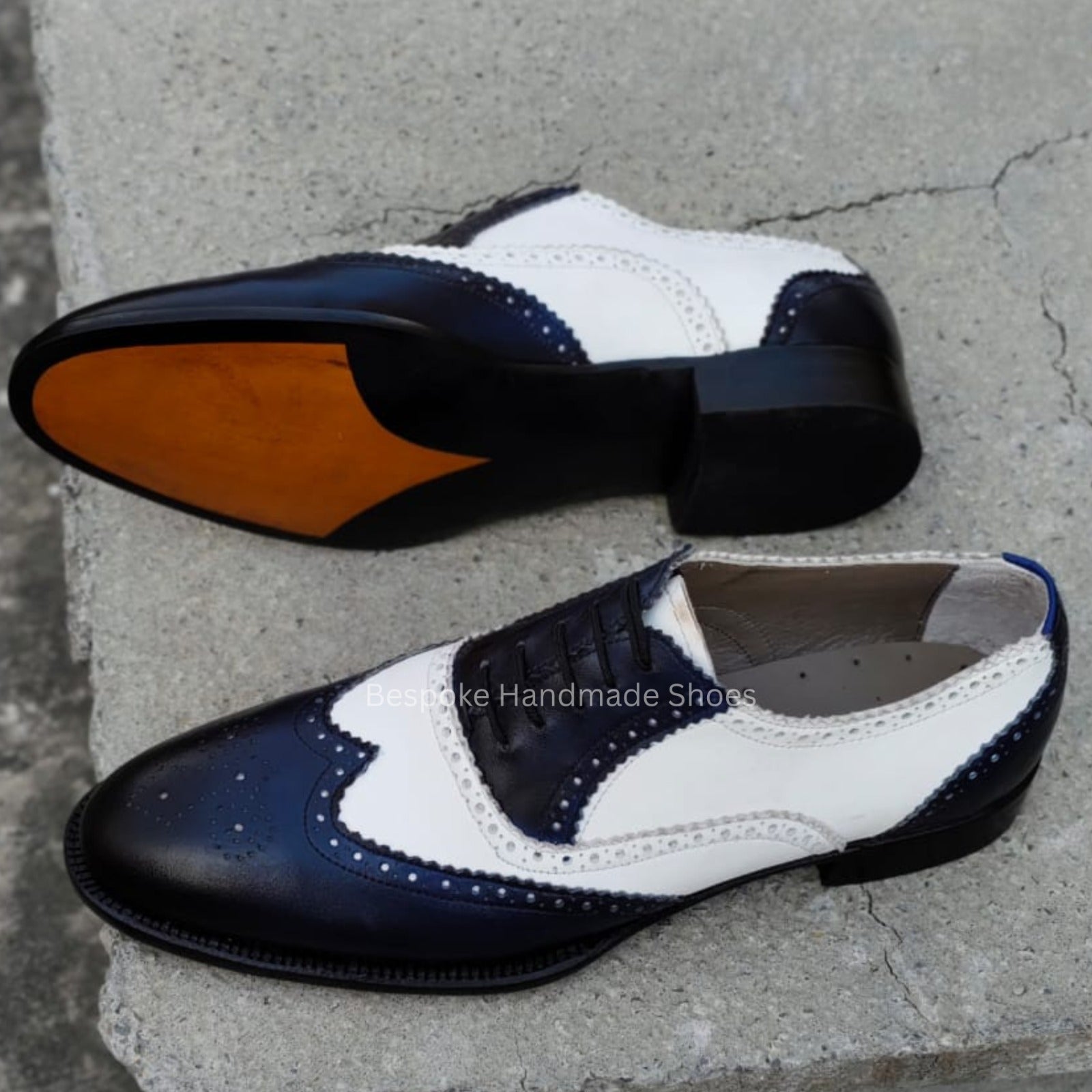 Bespoke Men's Handmade Two Tone Leather Oxford Wingtip Brogue Lace Up Dress Casual Wear Shoes Men