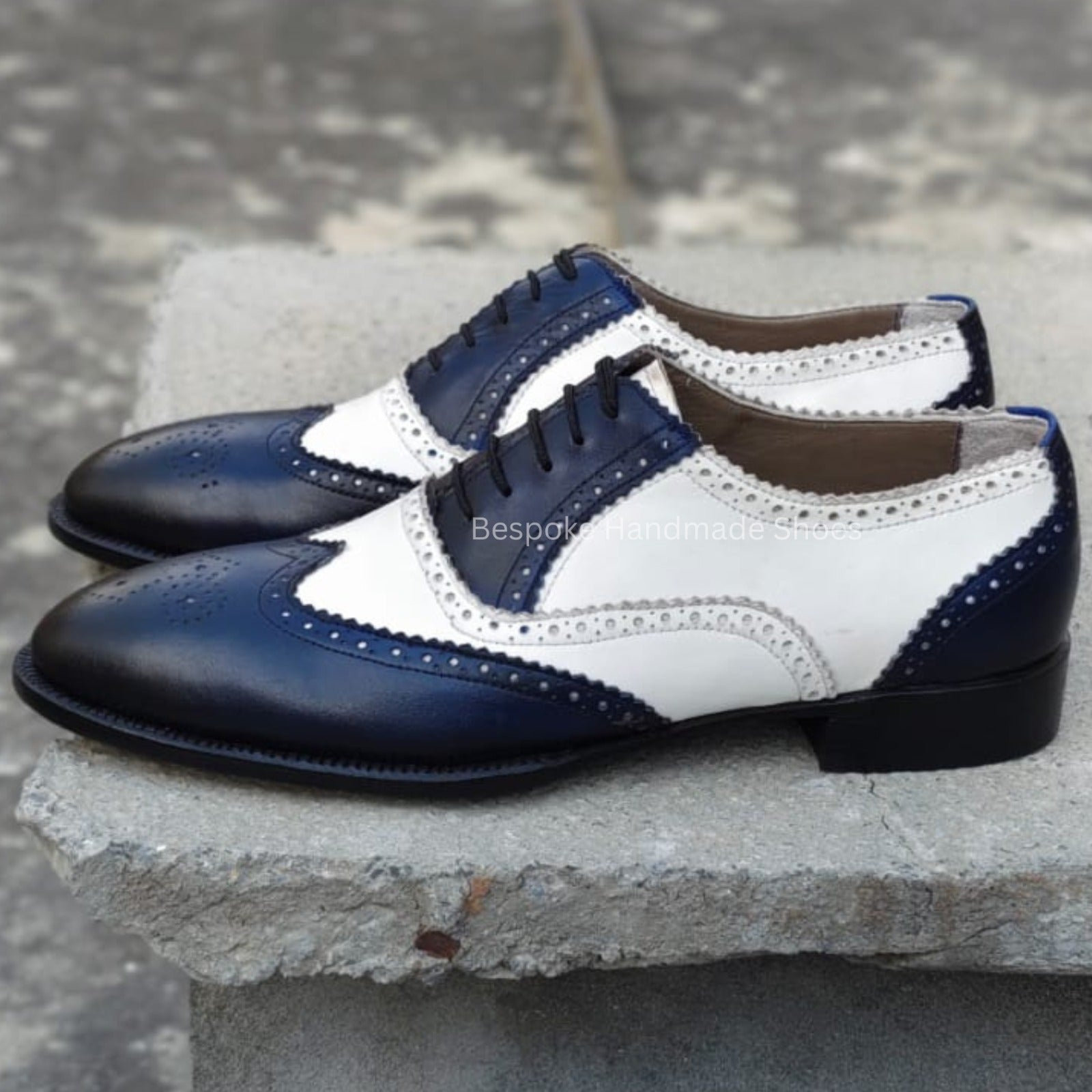 Bespoke Men's Handmade Two Tone Leather Oxford Wingtip Brogue Lace Up Dress Casual Wear Shoes Men