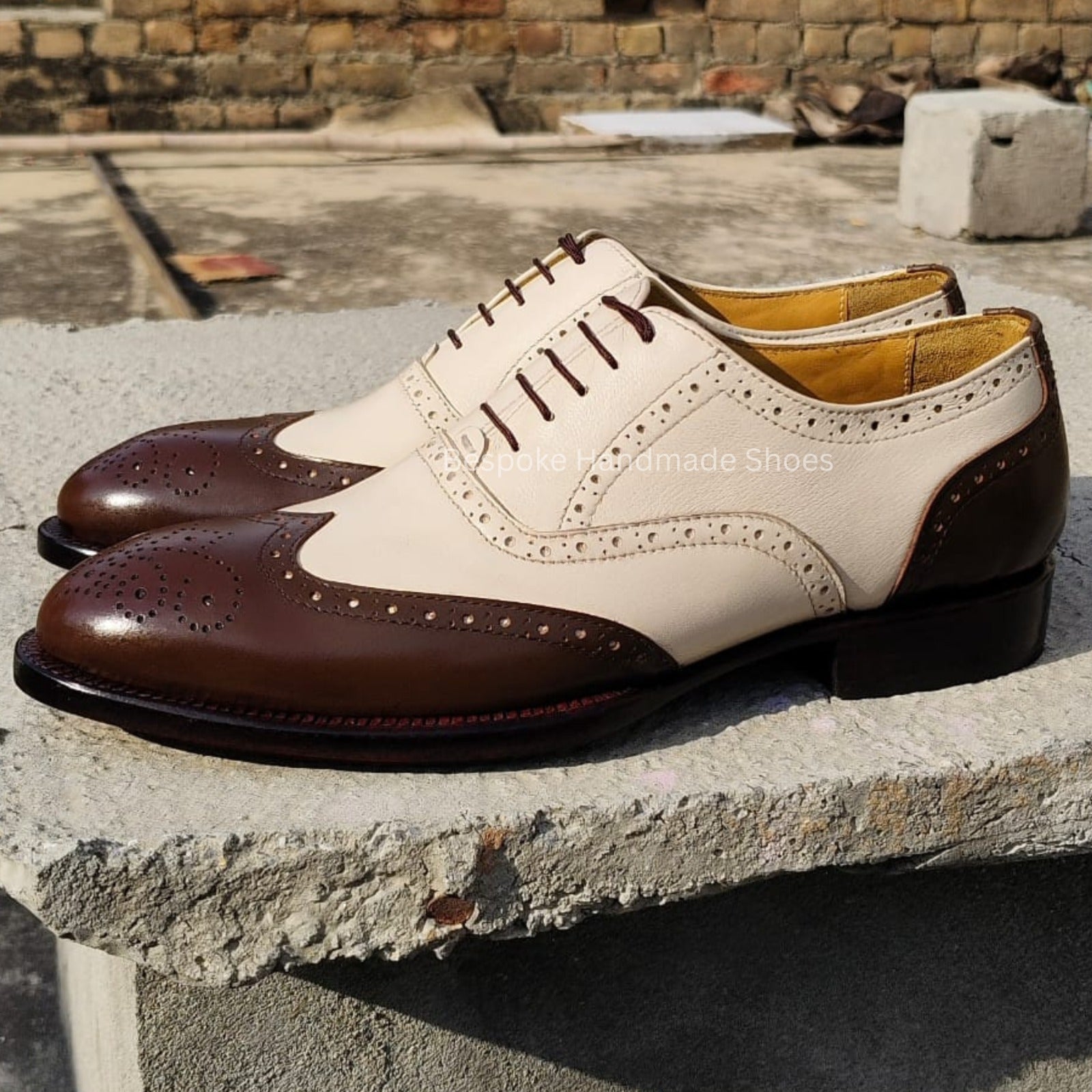 Custom Made Men's White, Brown Color Leather Oxford Wingtip Brogue Lace Up Top Fashion Wear Dress Shoes Men