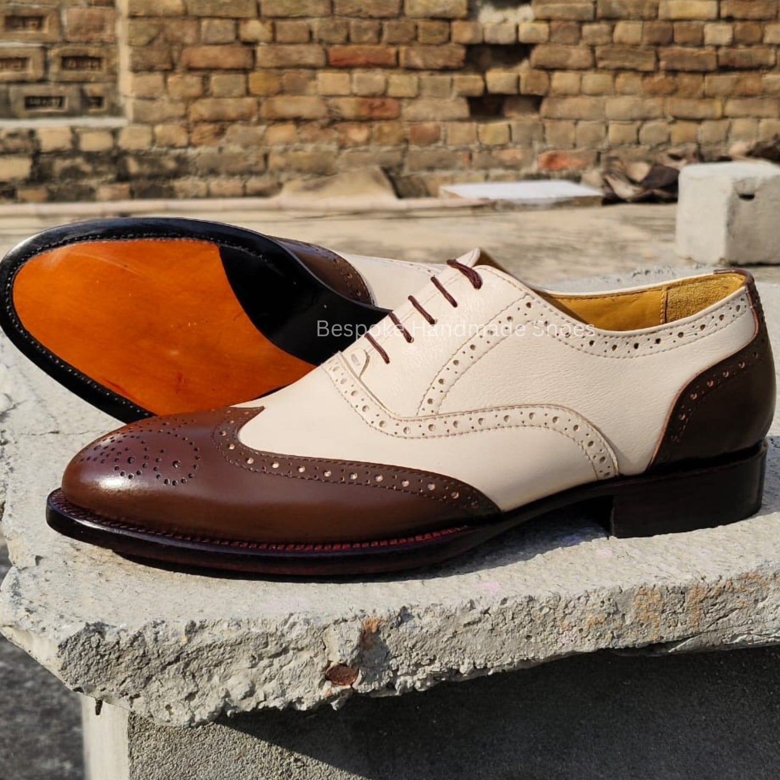 Custom Made Men's White, Brown Color Leather Oxford Wingtip Brogue Lace Up Top Fashion Wear Dress Shoes Men