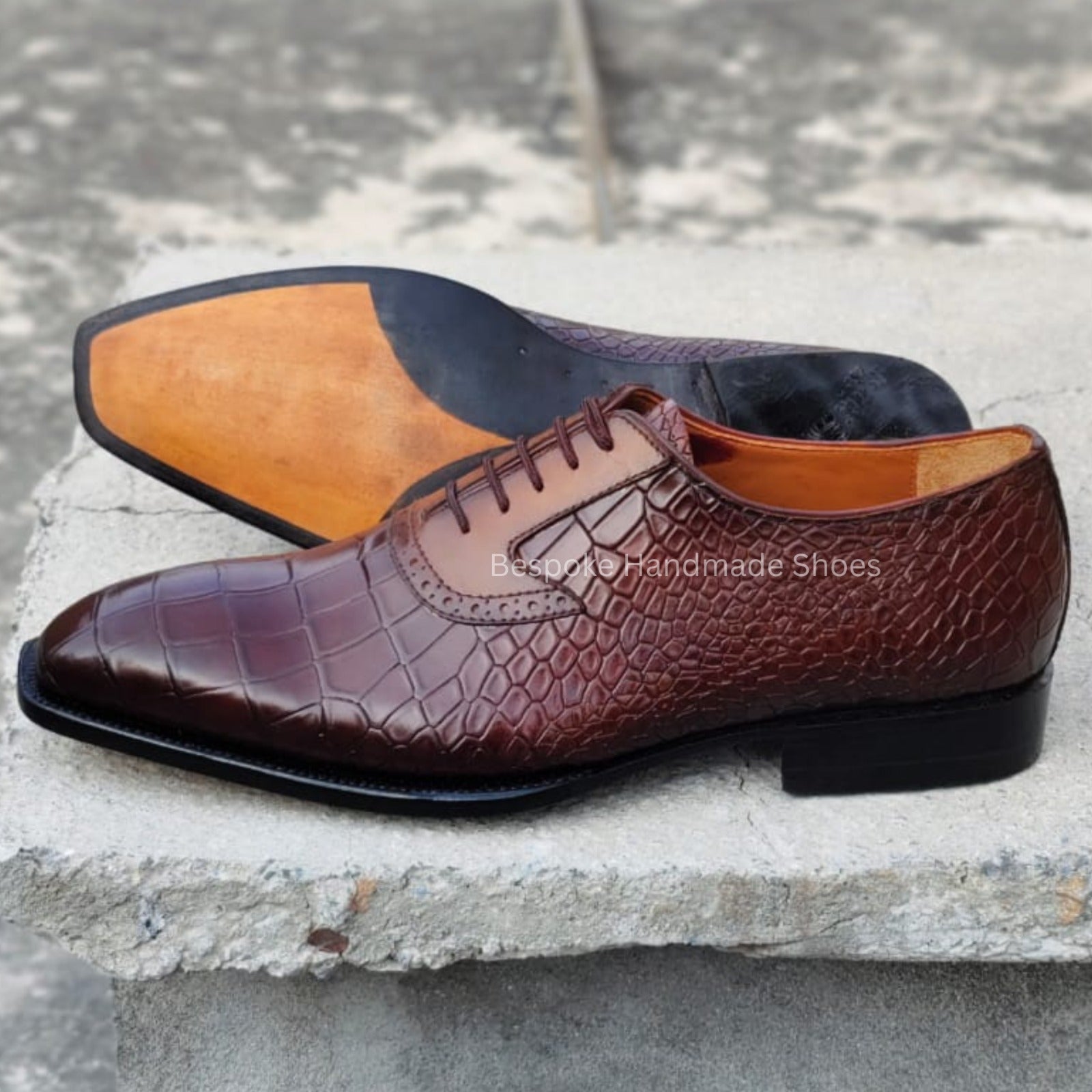 New Handmade Men's Brown Alligator Leather Texture Lace Up Whole-Cut Dress Casual Wear Shoes Men