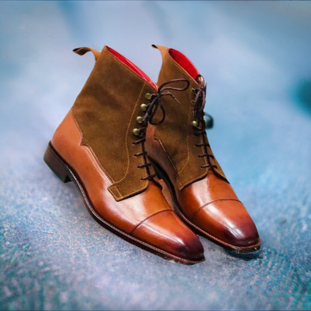 Bespoke Formal Tan Leather Brown Suede Boot, Ankle Derby Toe Cap Lace Up Boots